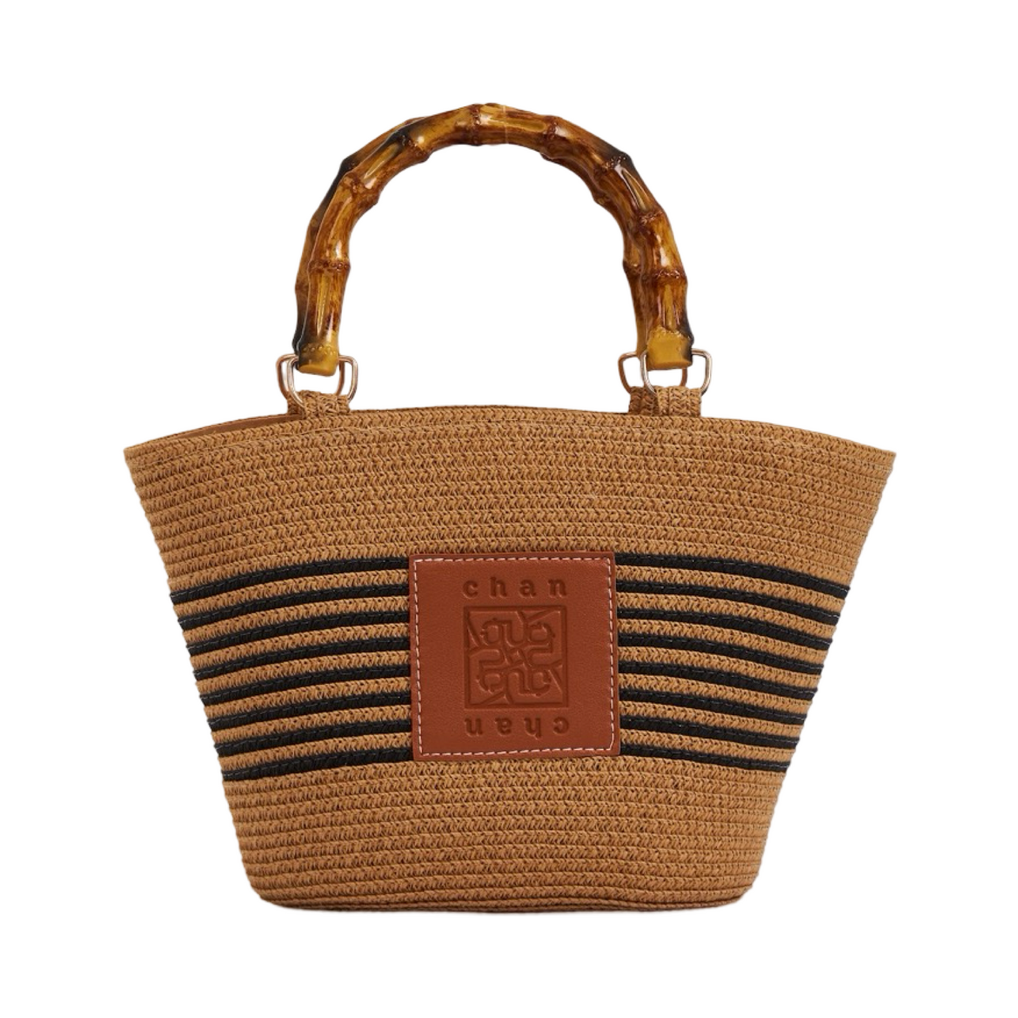 Straw Bag With Wood Handle - Black