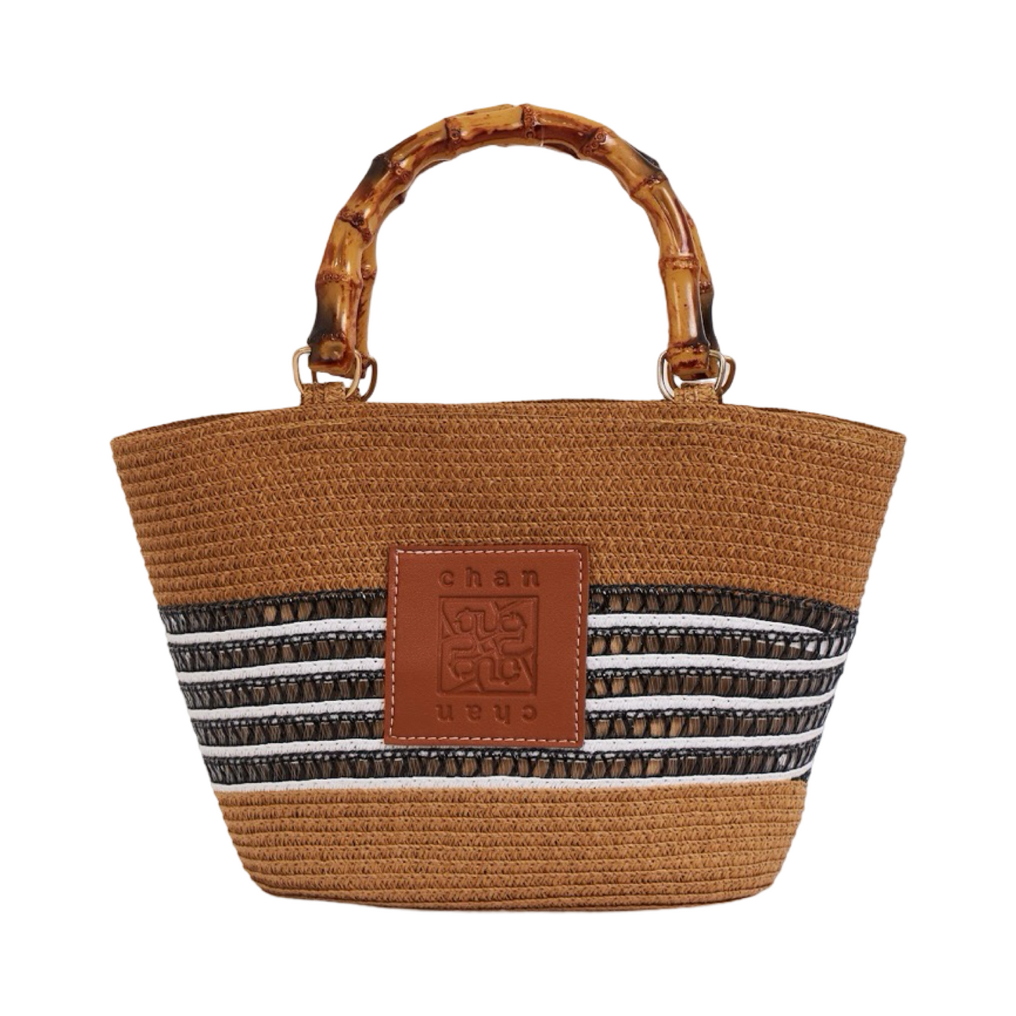 Straw Bag With Wood Handle - Black