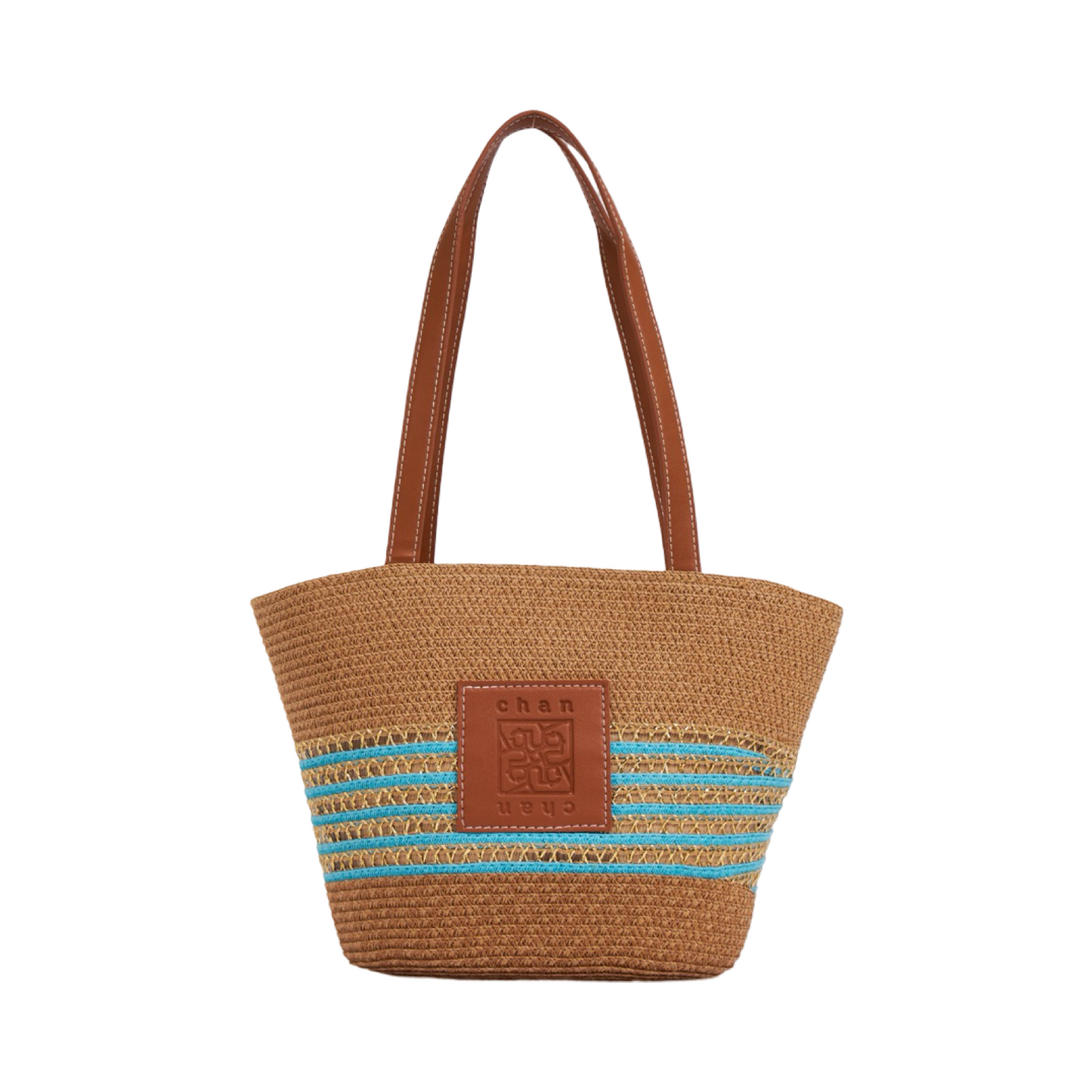 Straw Basket Bag - Brown & Turquoise Strip