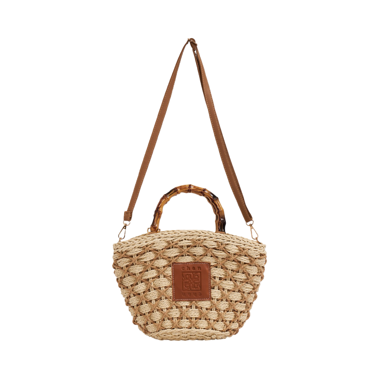 Straw Bag With Wood Handle - Beige