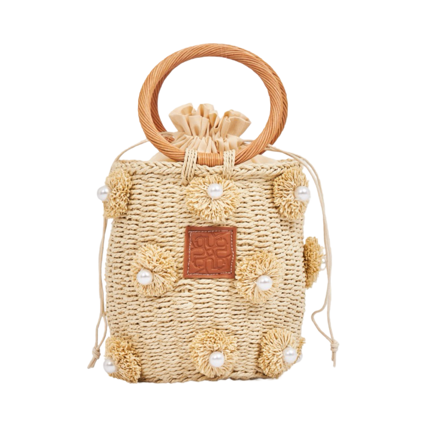 Straw Mini Bag With Wood Handle - Beige