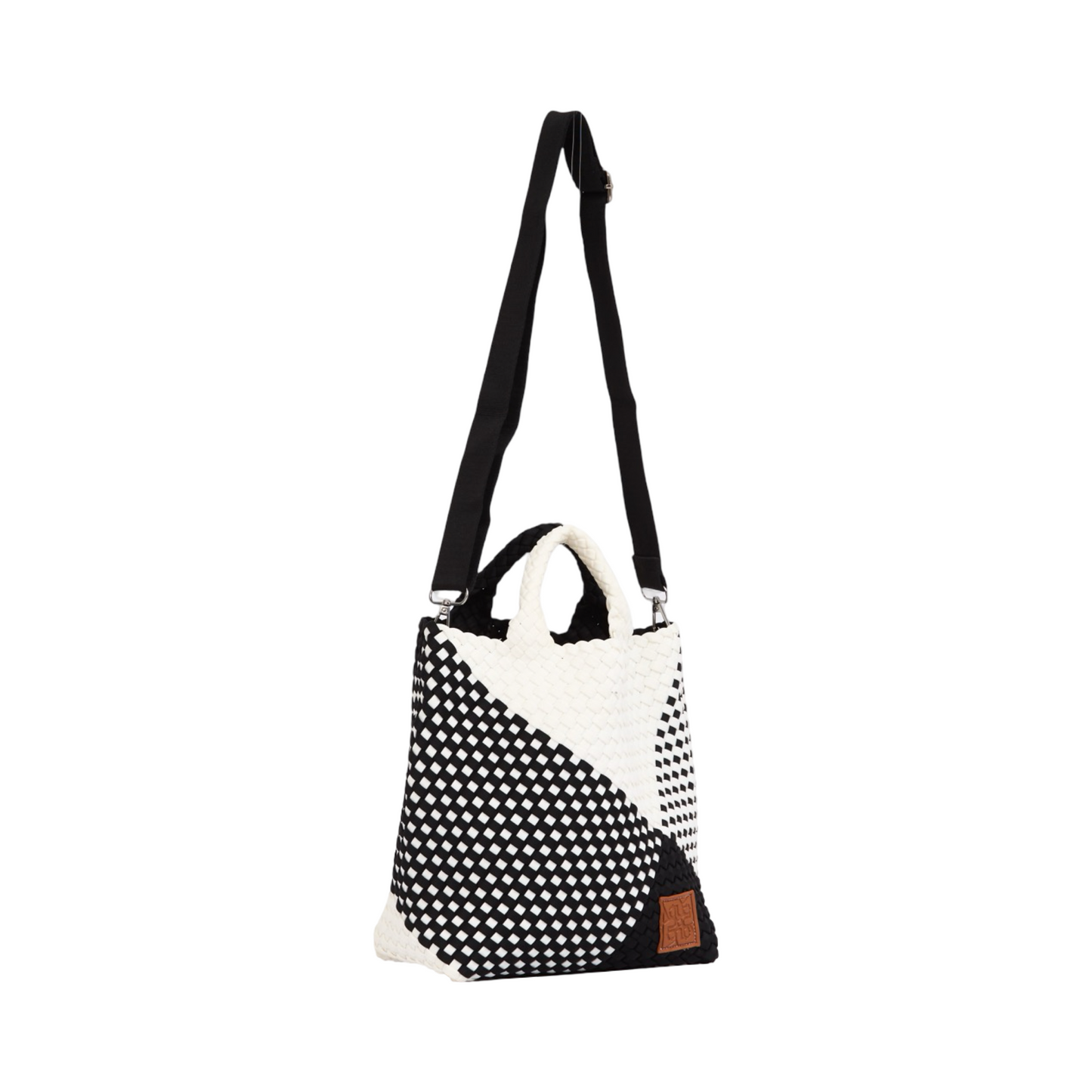 Woven Satin Checkered Tote M - Black