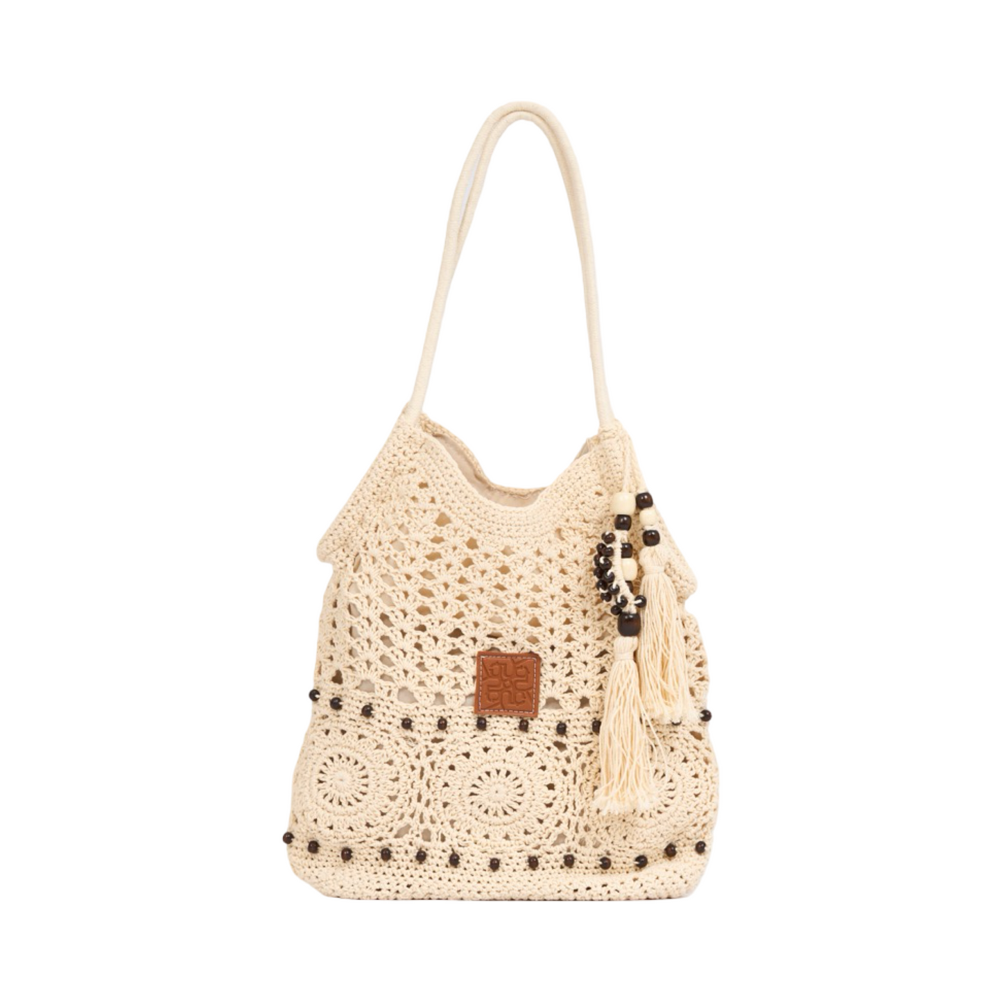 Knitted Tote with Tassels - White