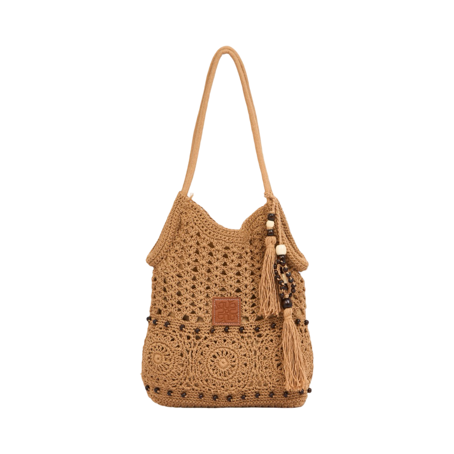 Knitted Tote with Tassels - Brown