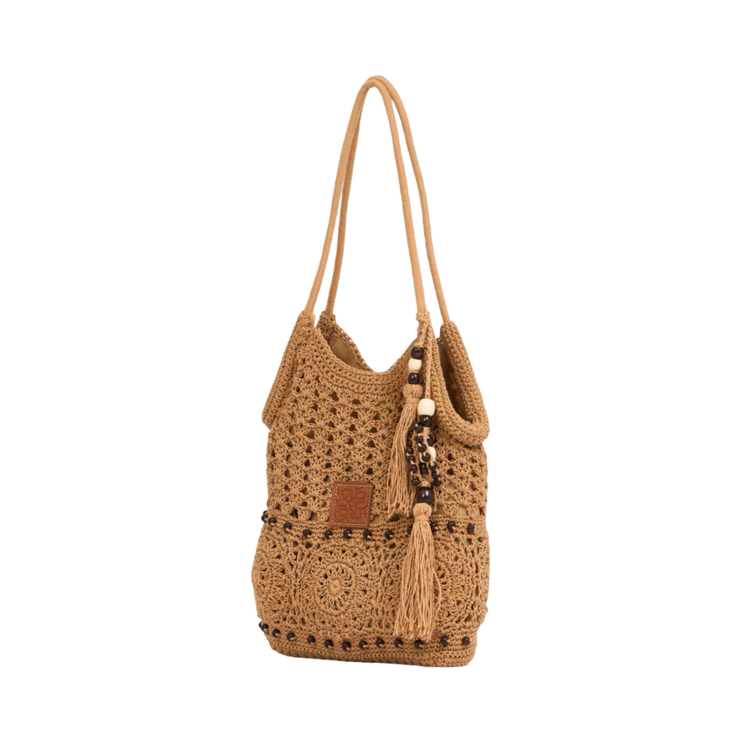 Knitted Tote with Tassels - Brown