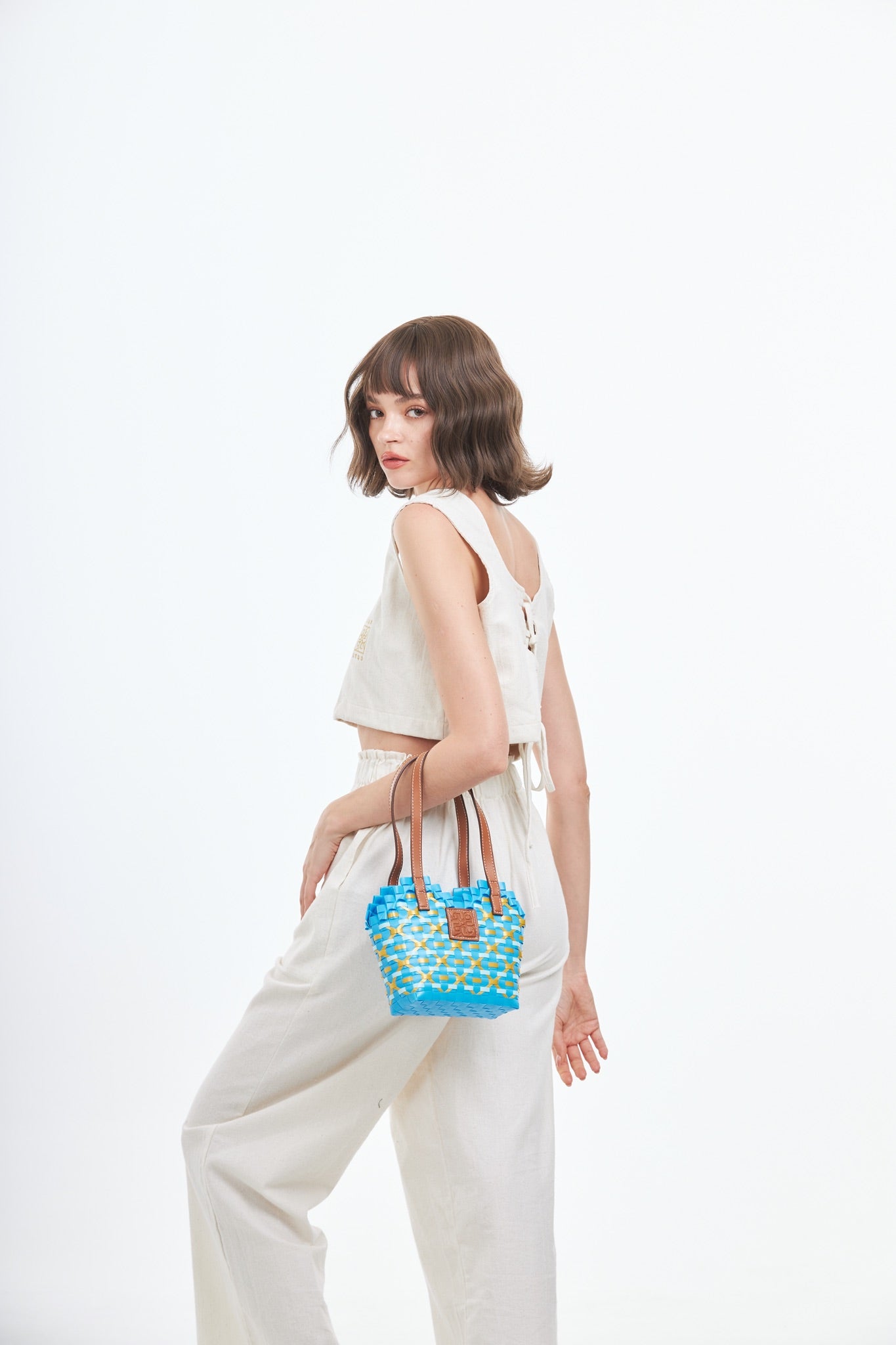 Thai Pattern Heart Basket Bag XS - Blue Yellow