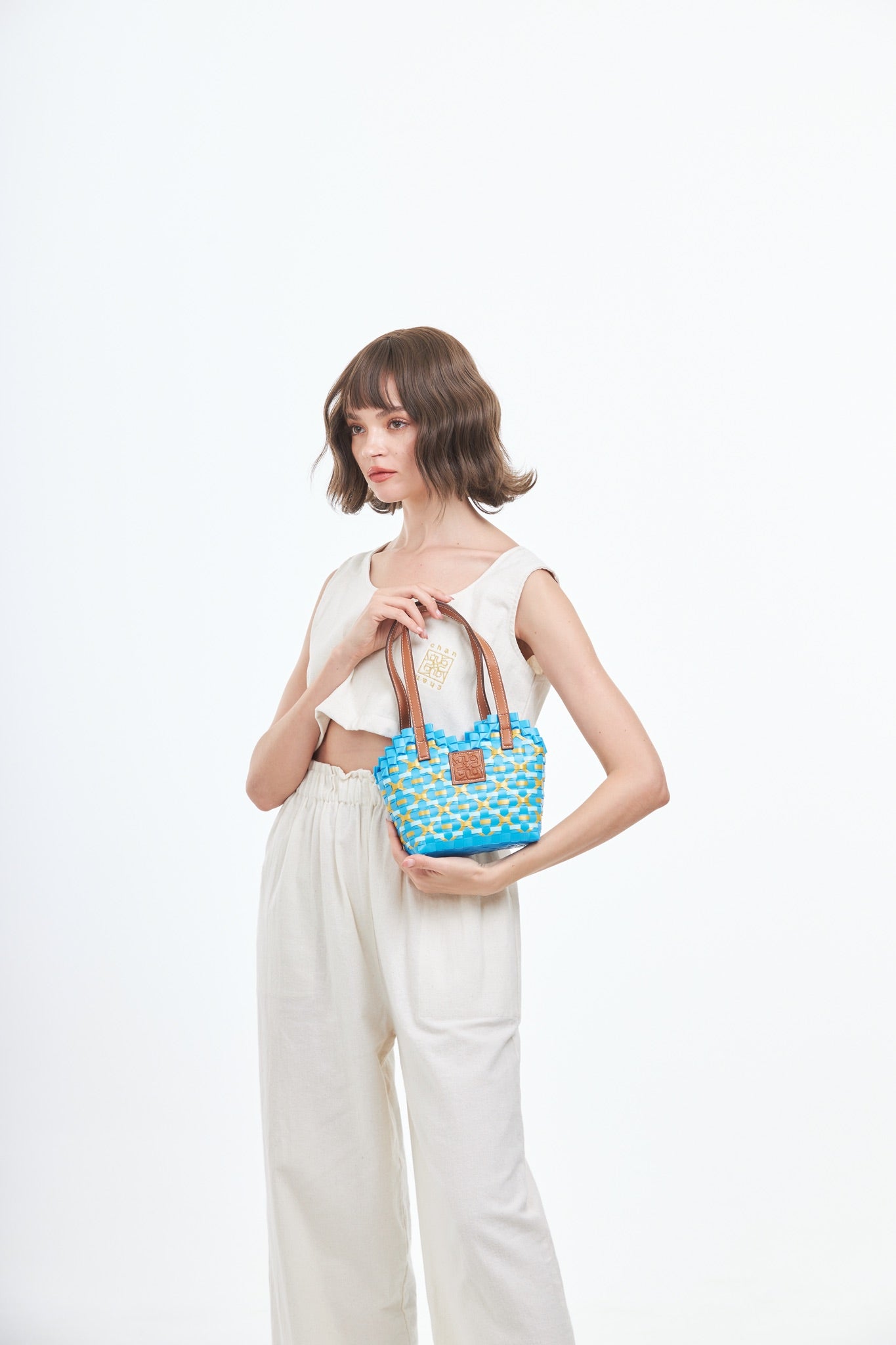 Thai Pattern Heart Basket Bag XS - Blue Yellow