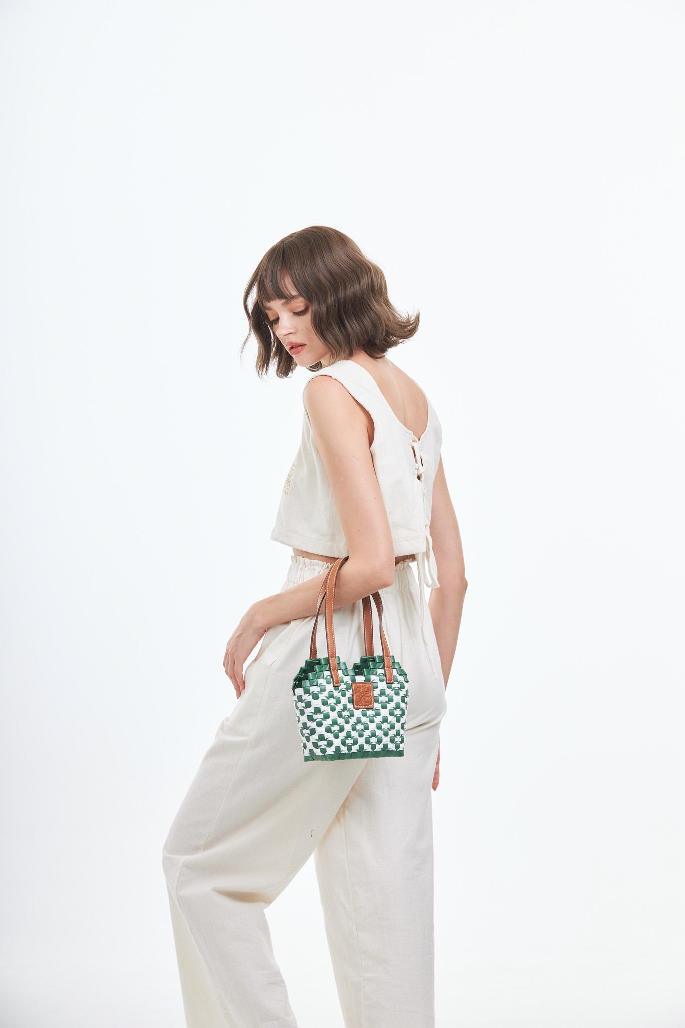 Thai Pattern Heart Basket Bag XS - Green