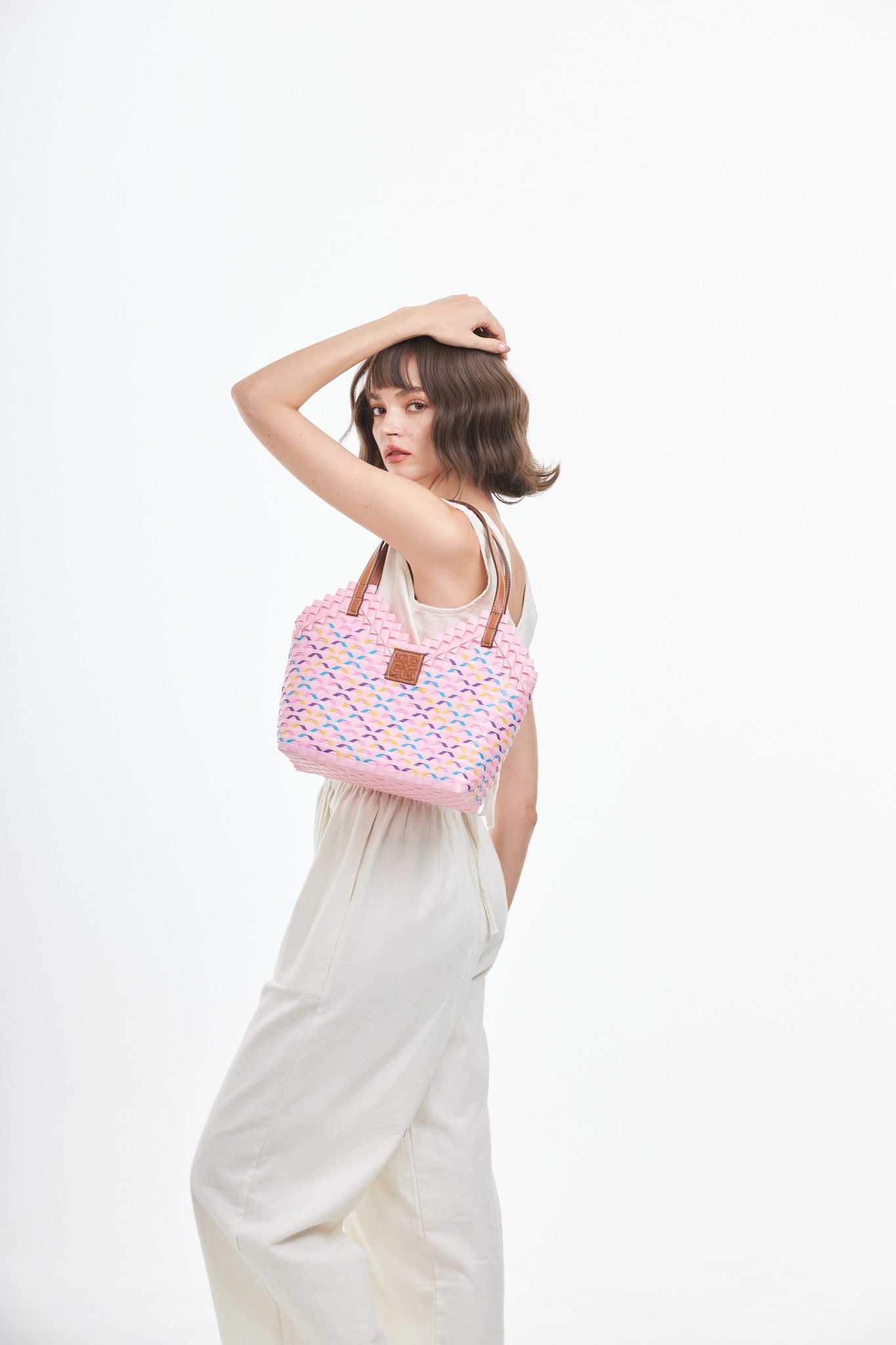 Thai Pattern Heart Basket Bag M - Rainbow Pink