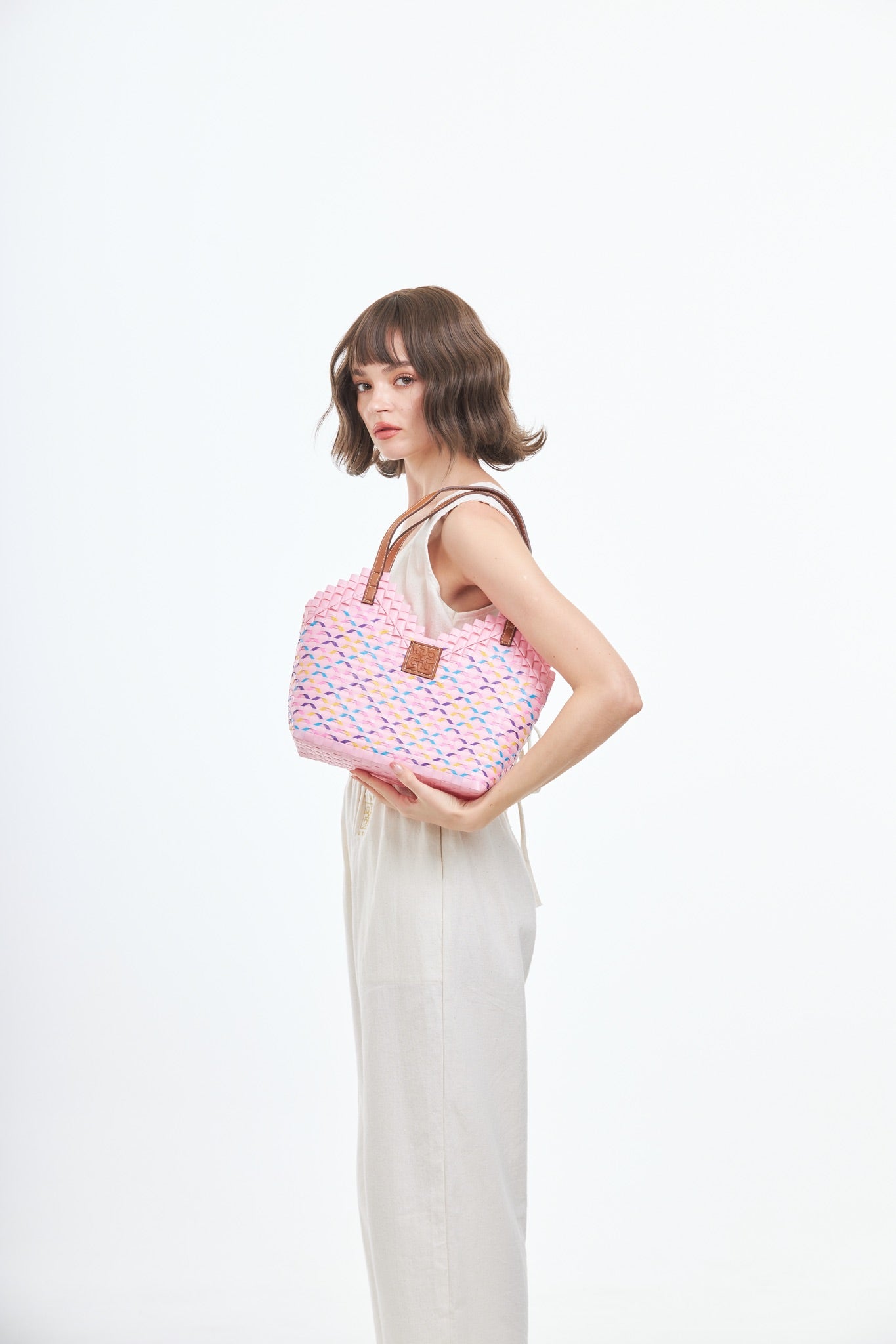 Thai Pattern Heart Basket Bag M - Rainbow Pink