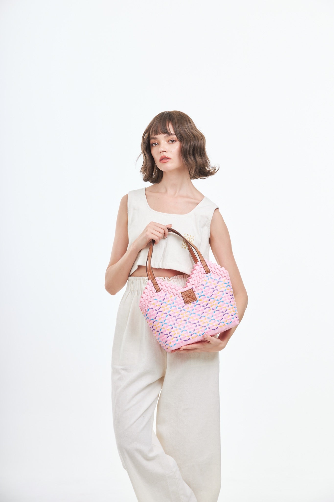 Thai Pattern Heart Basket Bag M - Rainbow Pink
