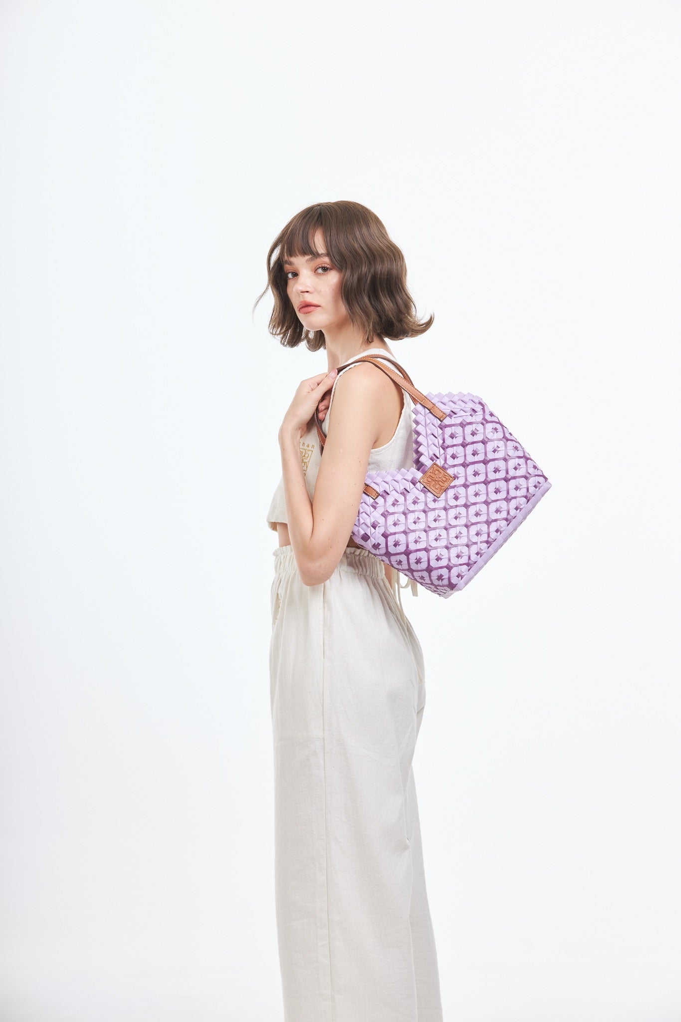 Thai Pattern Heart Basket Bag M - Purple