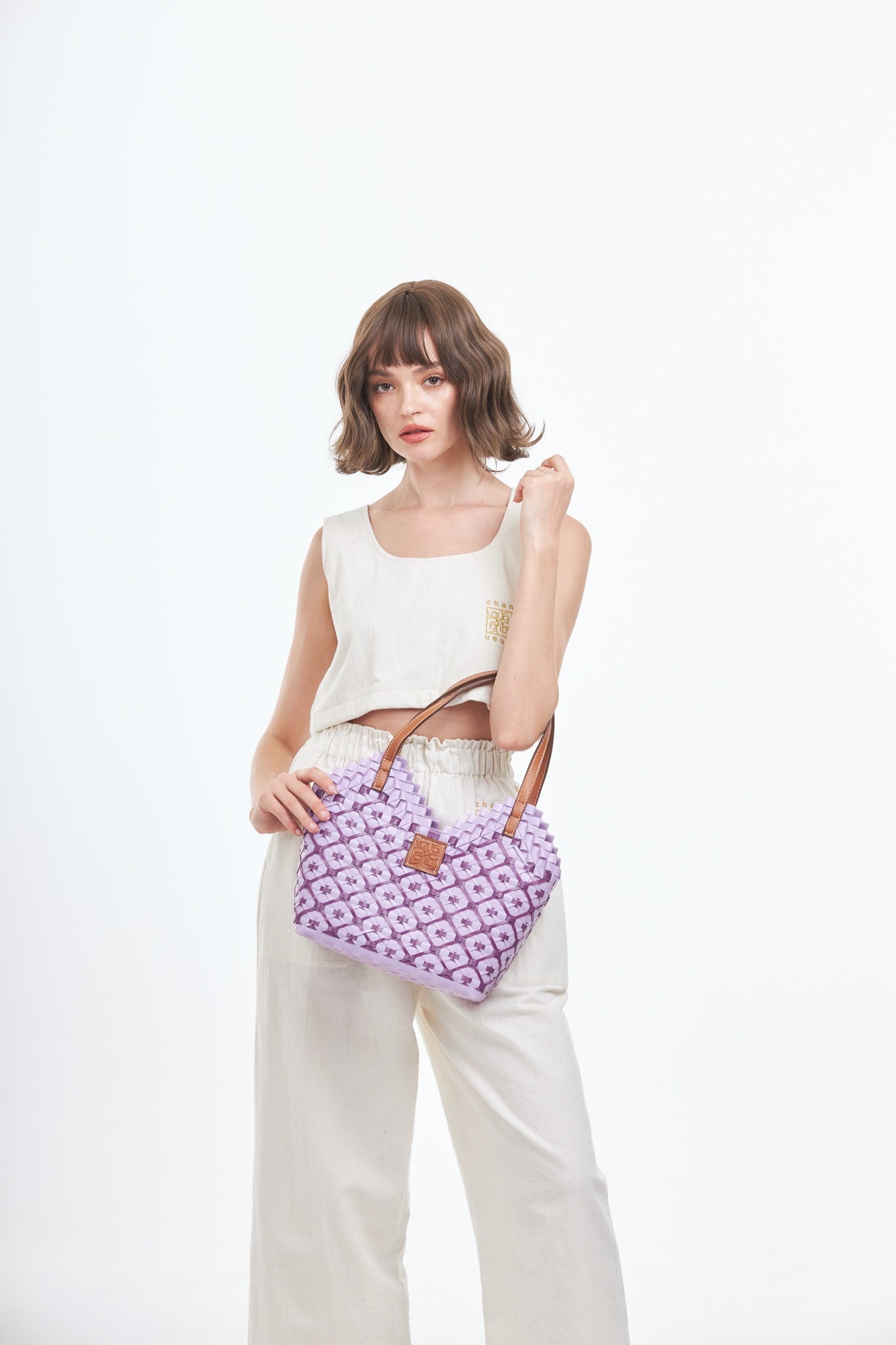 Thai Pattern Heart Basket Bag M - Purple
