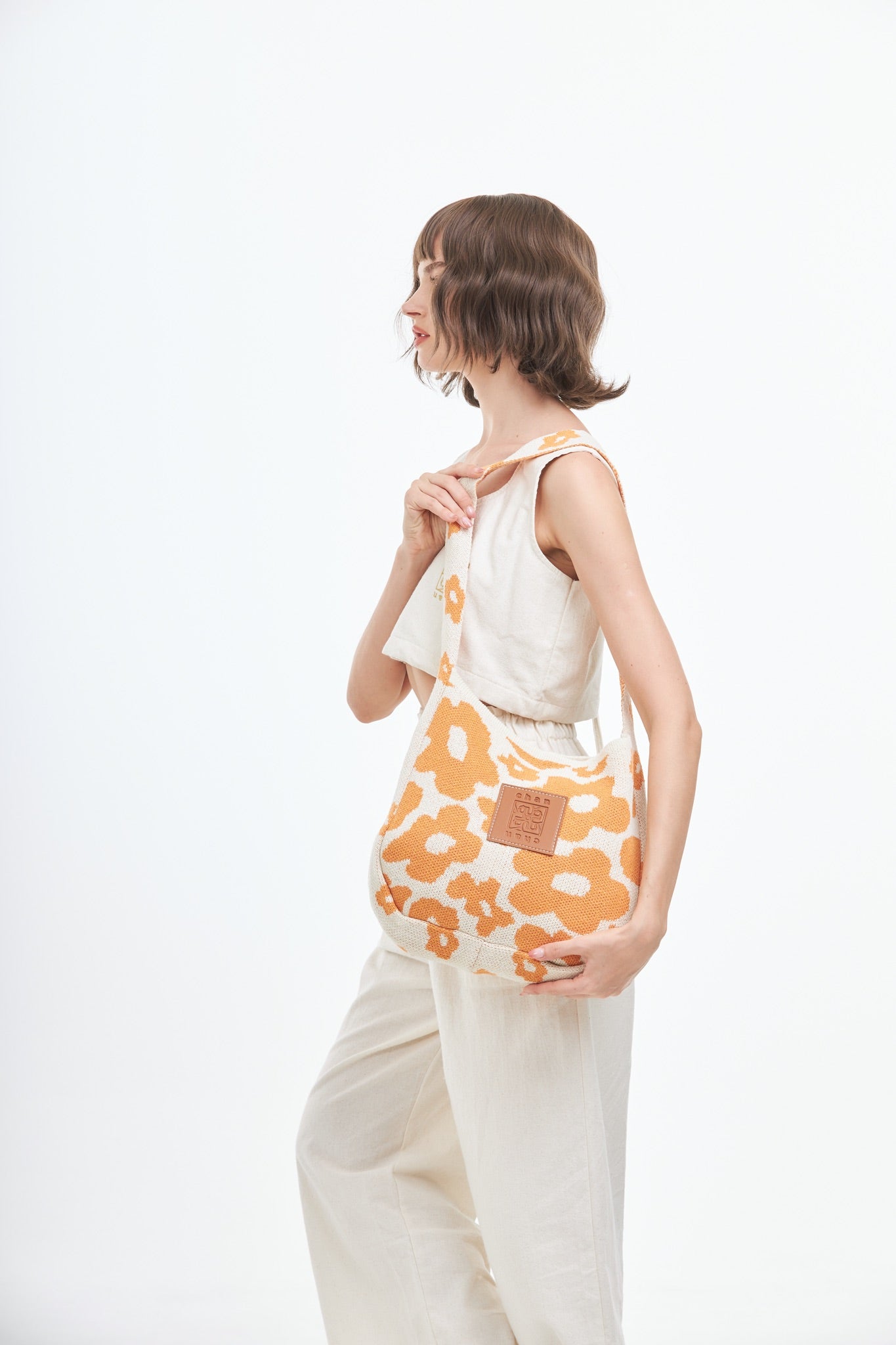 Floral Knitted Tote Bag - Orange