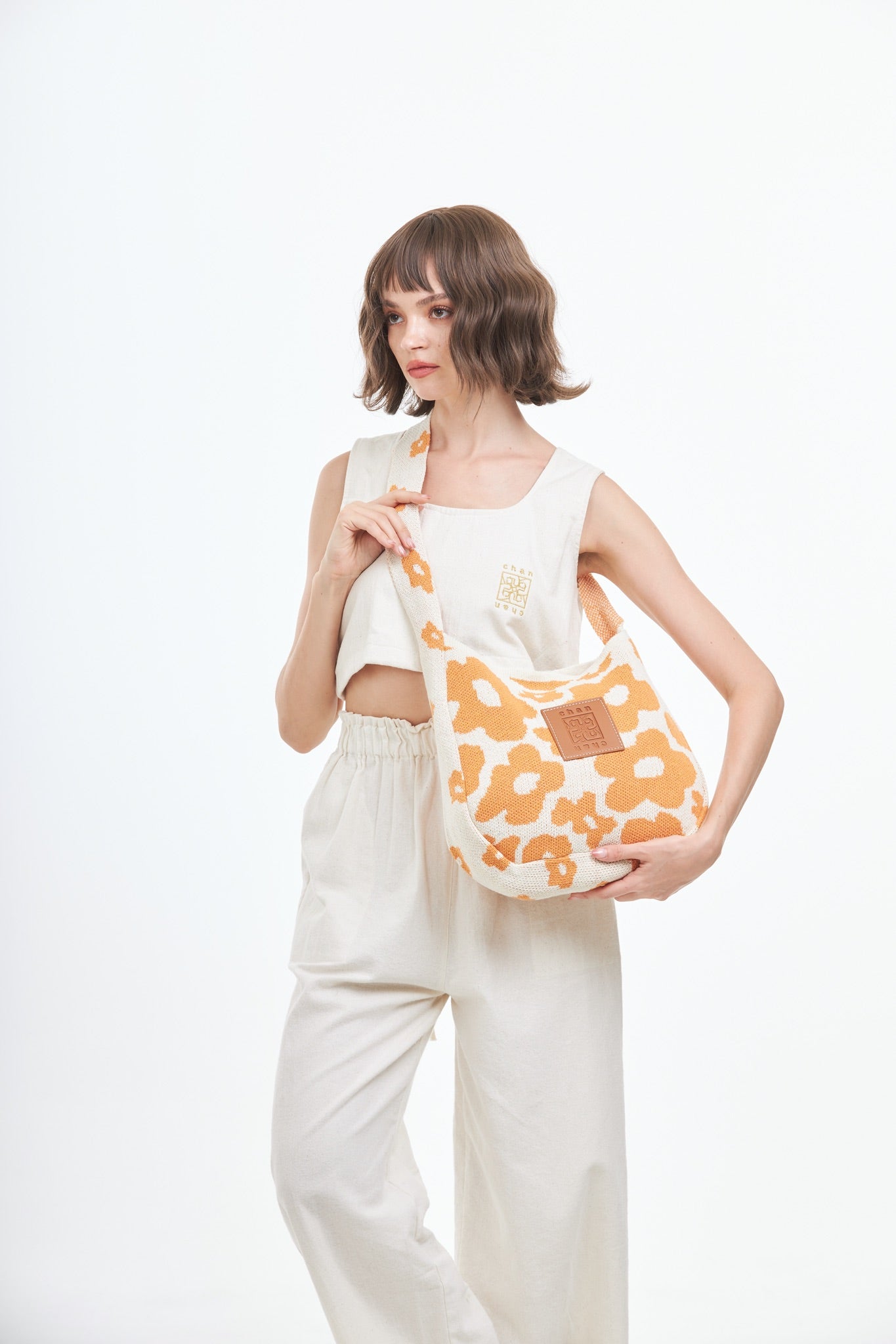 Floral Knitted Tote Bag - Orange