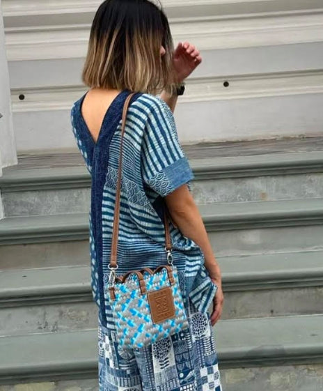 Thai Pattern Basket Bag With Strap M - Multi Blue