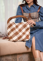 Woven Checkered Tote Bag L - Brown