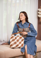 Woven Checkered Tote Bag L - Brown