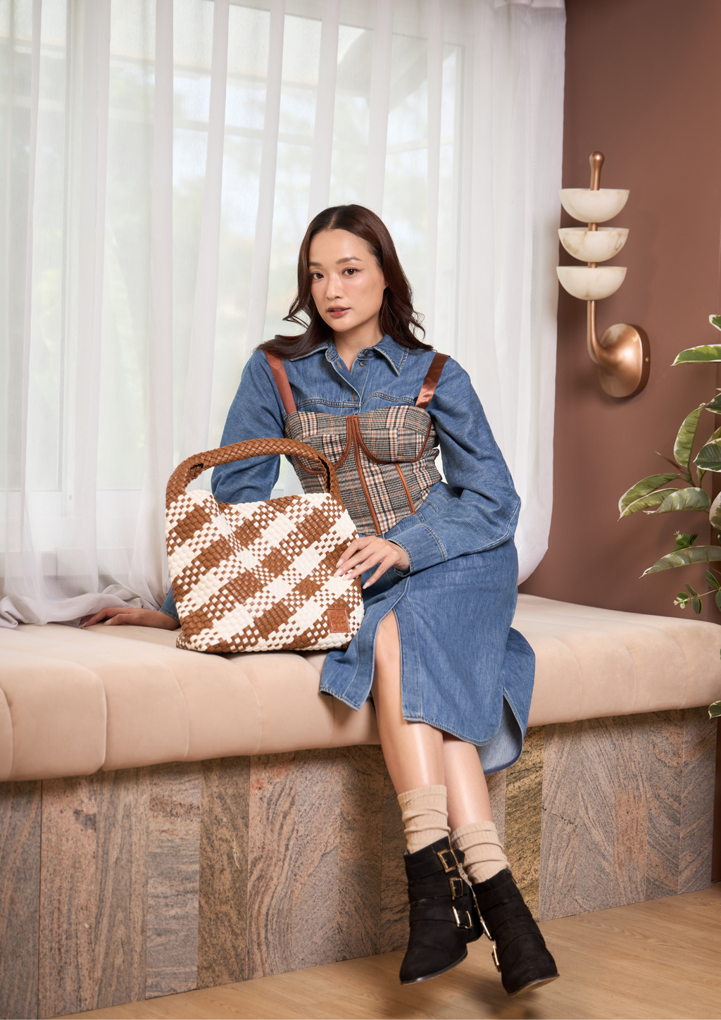 Woven Checkered Tote Bag L - Brown