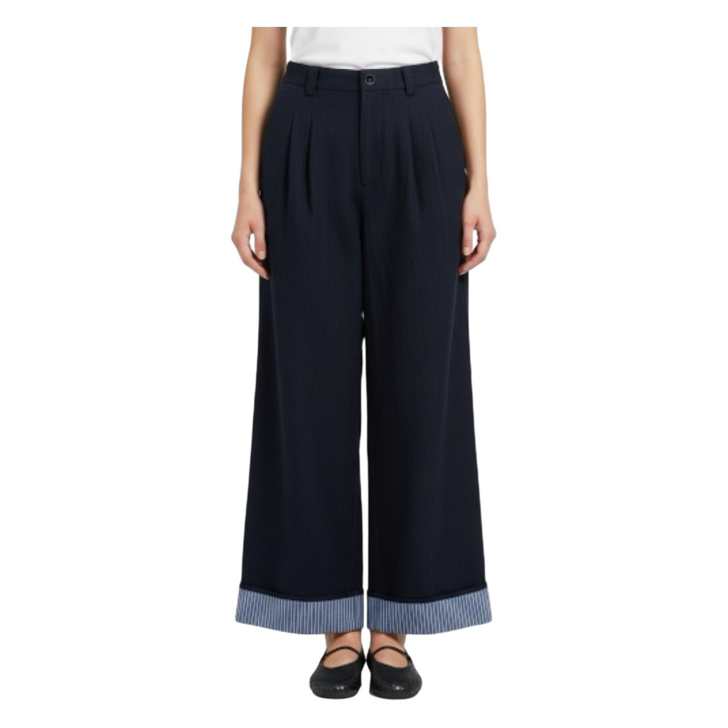 Striped Cuff Wide-Leg Pant – Navy