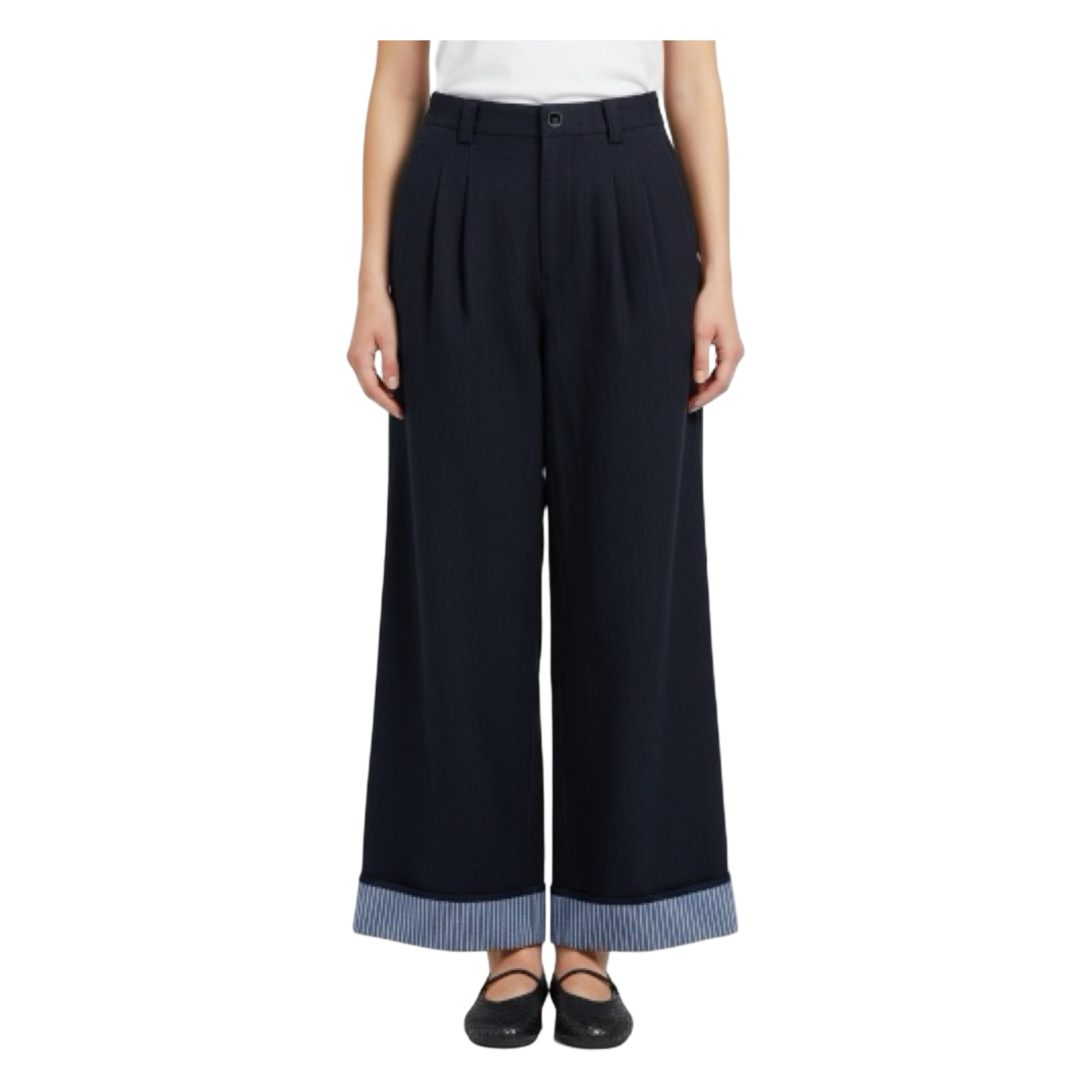 Striped Cuff Wide-Leg Pant – Navy