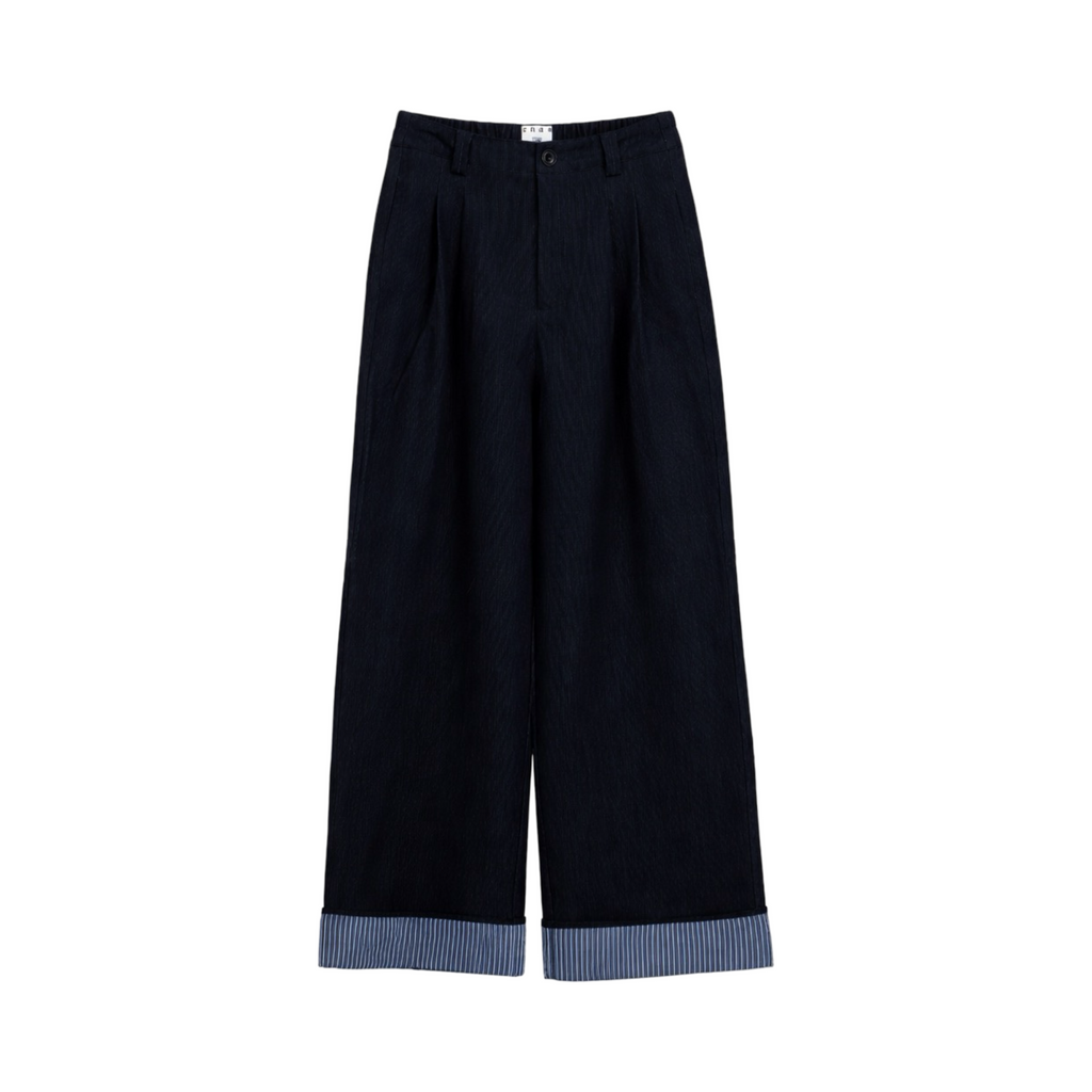 Striped Cuff Wide-Leg Pant – Navy