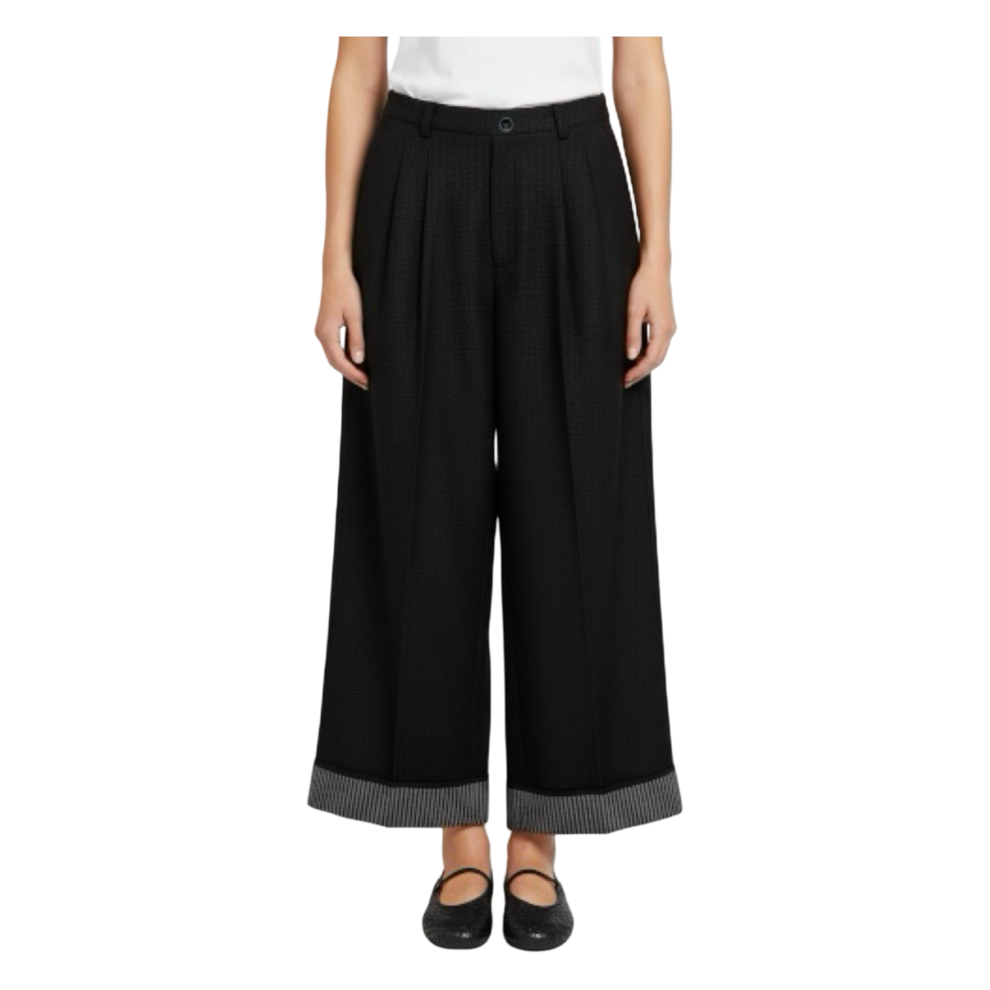 Striped Cuff Wide-Leg Pant – Black
