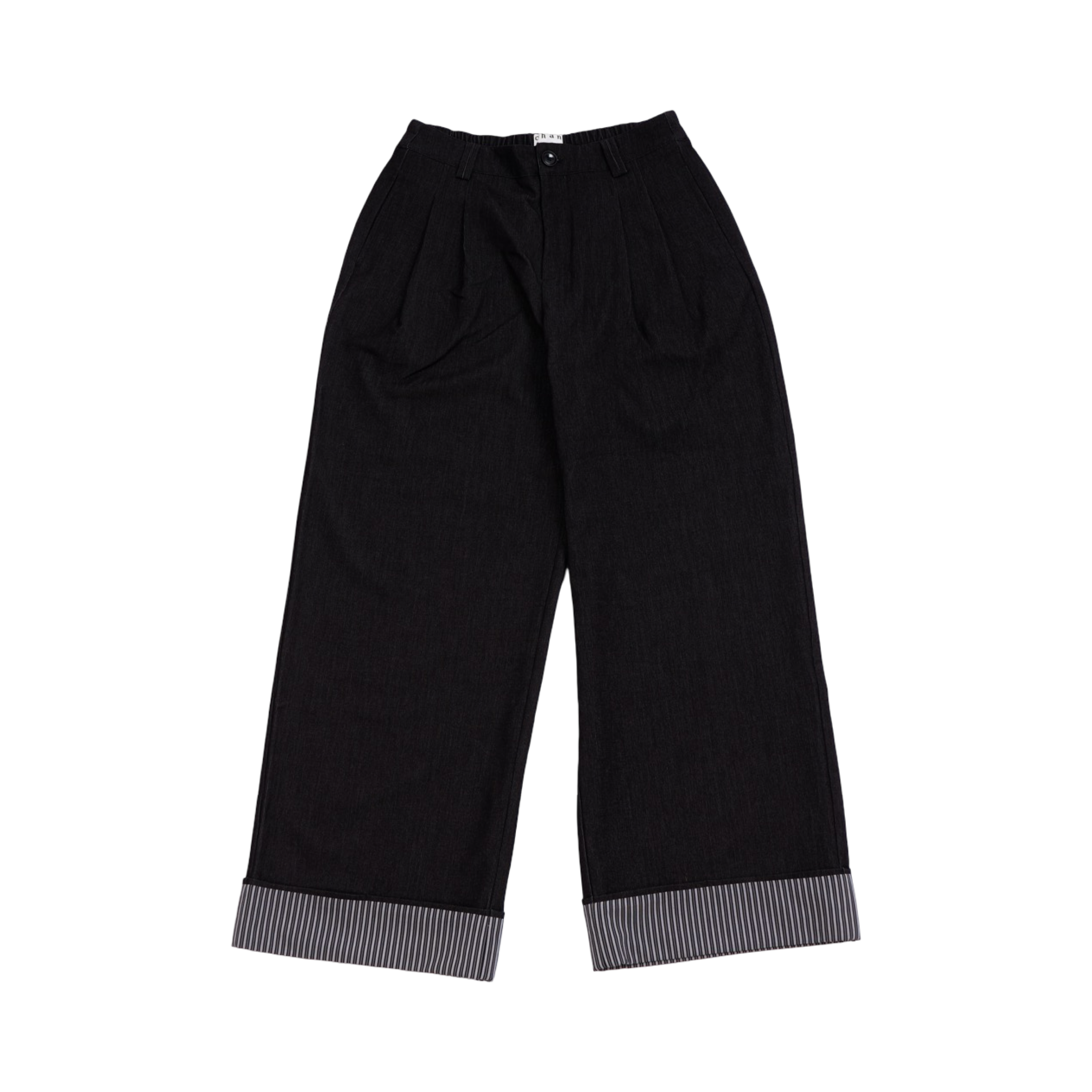 Striped Cuff Wide-Leg Pant – Black