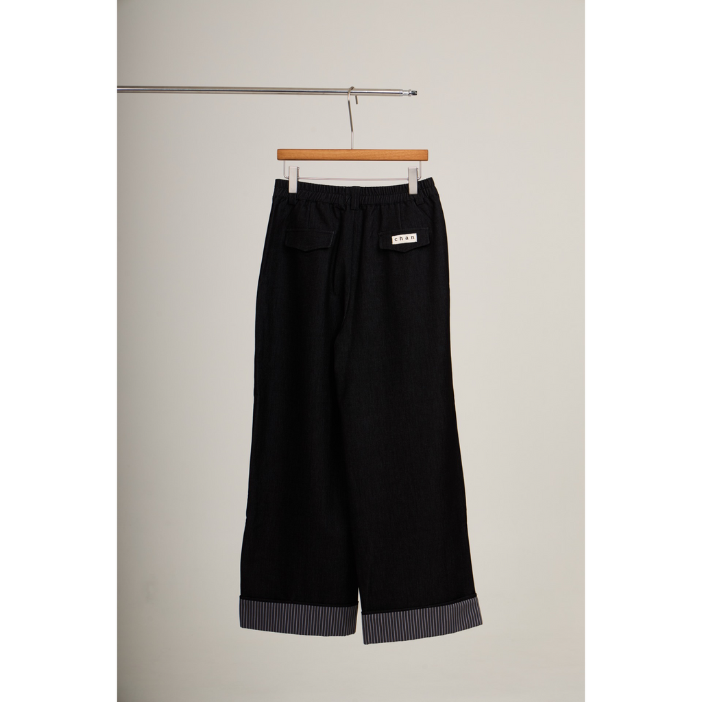Striped Cuff Wide-Leg Pant – Black