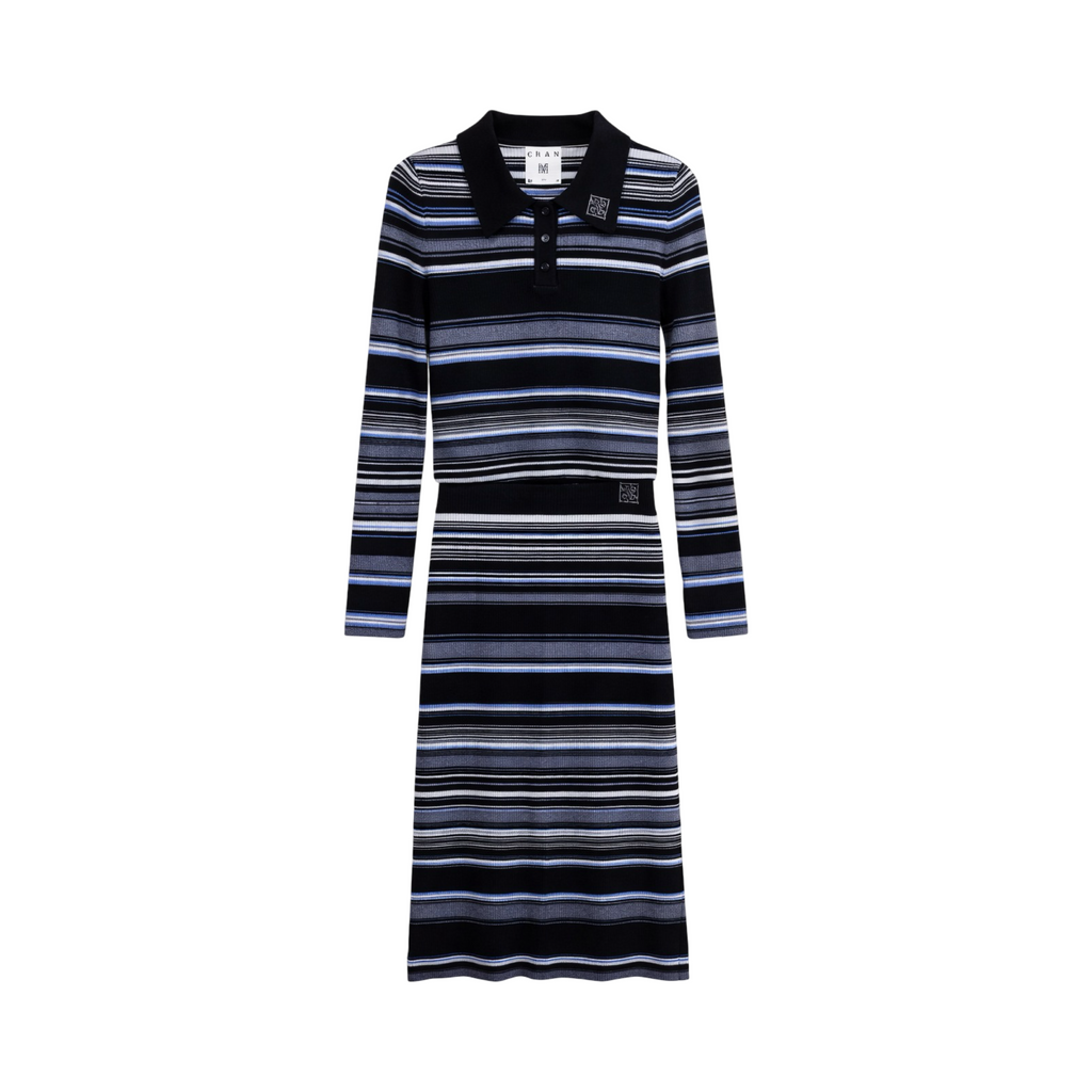 Ribbed Stripe Knit Set (Top & Skirt) – Black