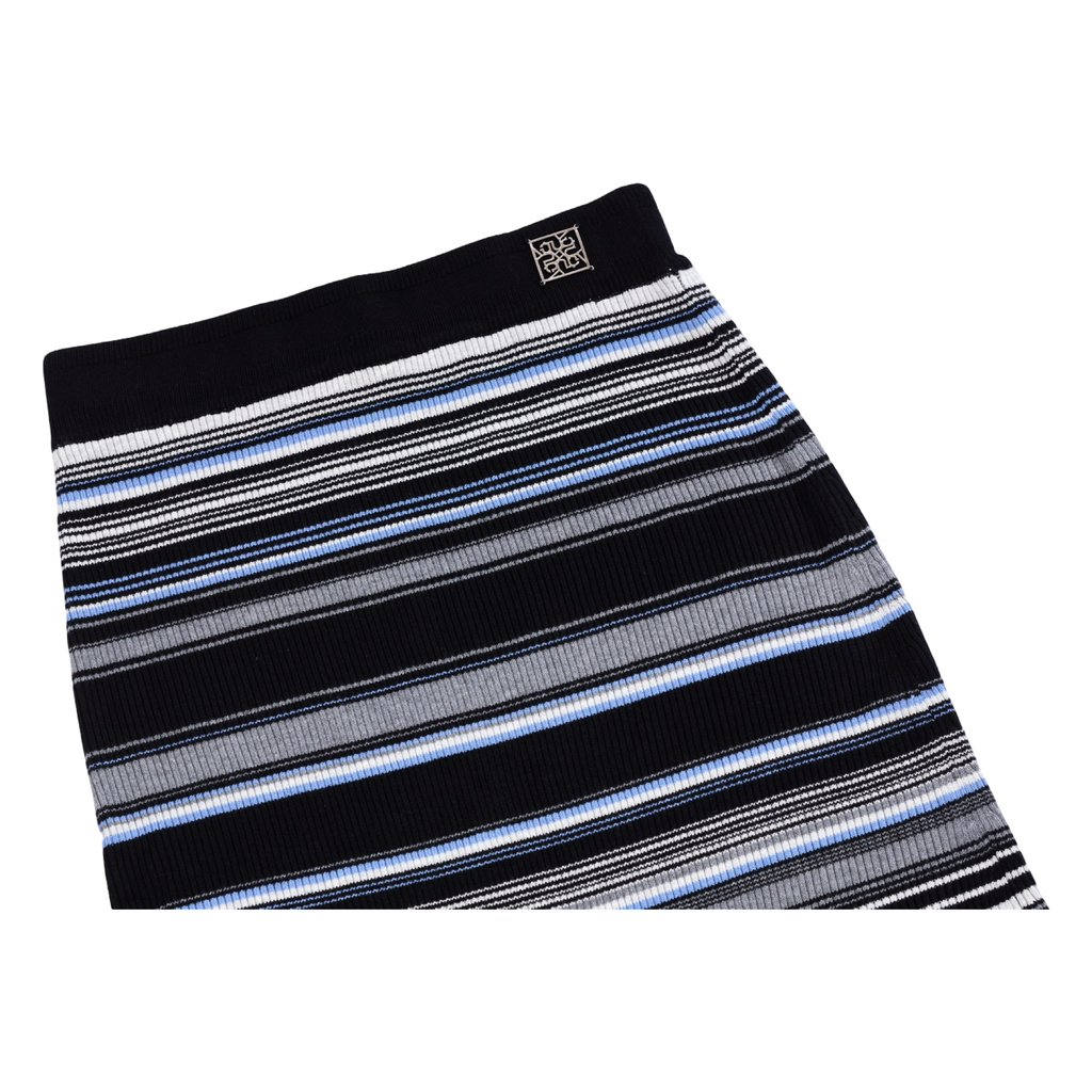 Ribbed Stripe Knit Set (Top & Skirt) – Black