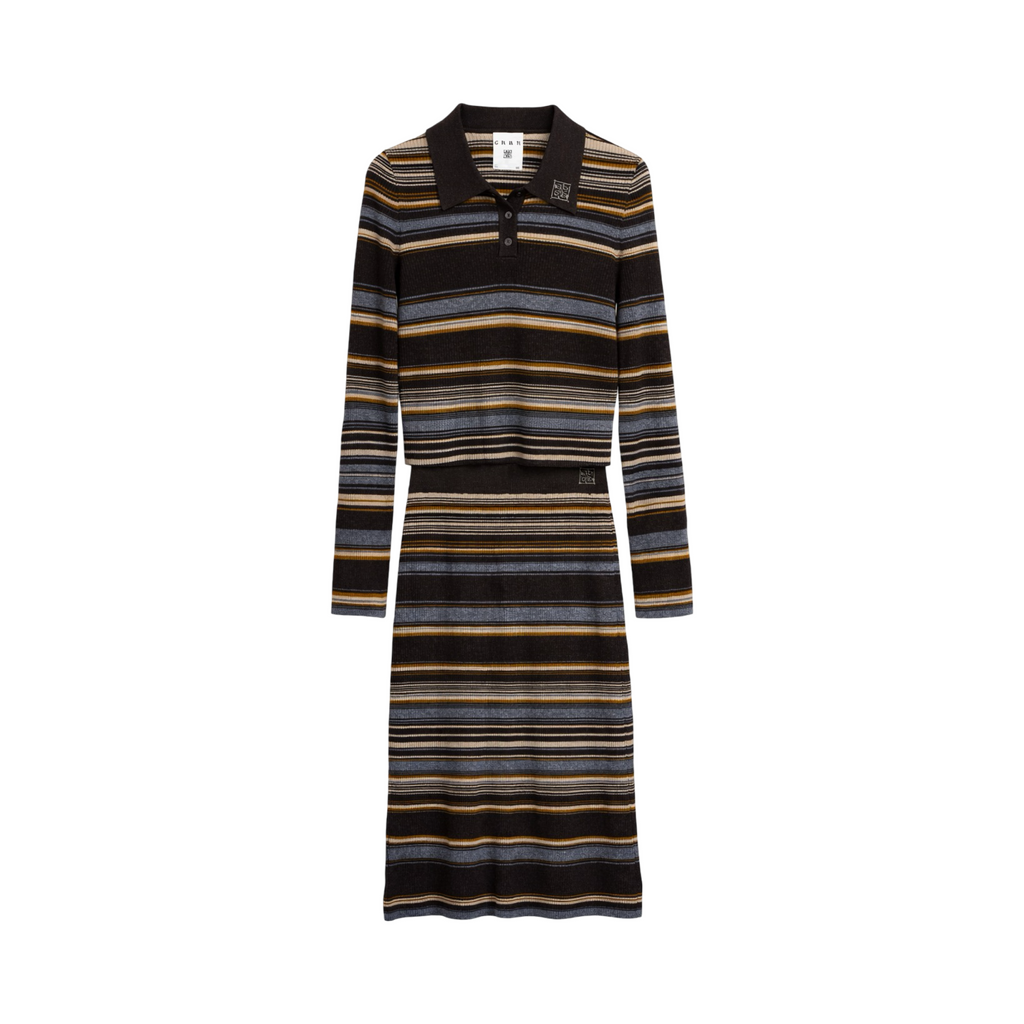 Ribbed Stripe Knit Set (Top & Skirt) – Brown