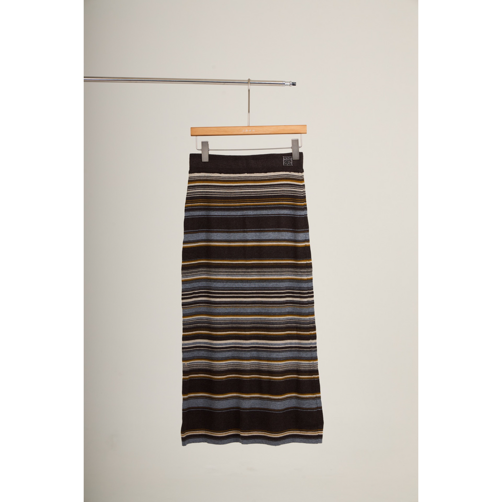 Ribbed Stripe Knit Set (Top & Skirt) – Brown