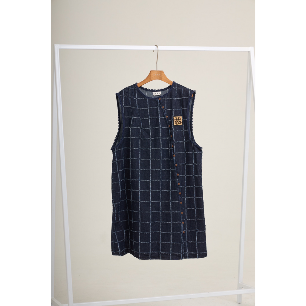 Asymmetric Check Denim Mini Dress – Navy