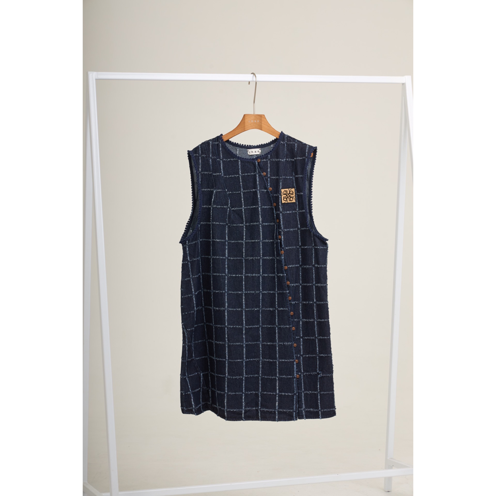 Asymmetric Check Denim Mini Dress – Navy