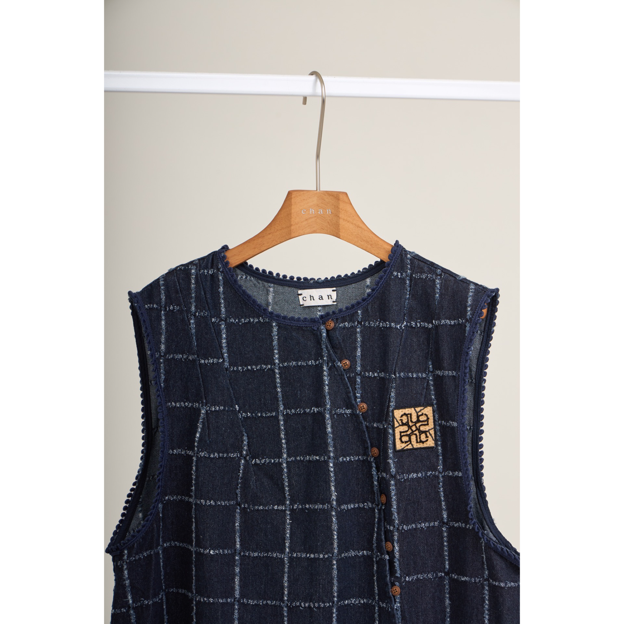 Asymmetric Check Denim Mini Dress – Navy