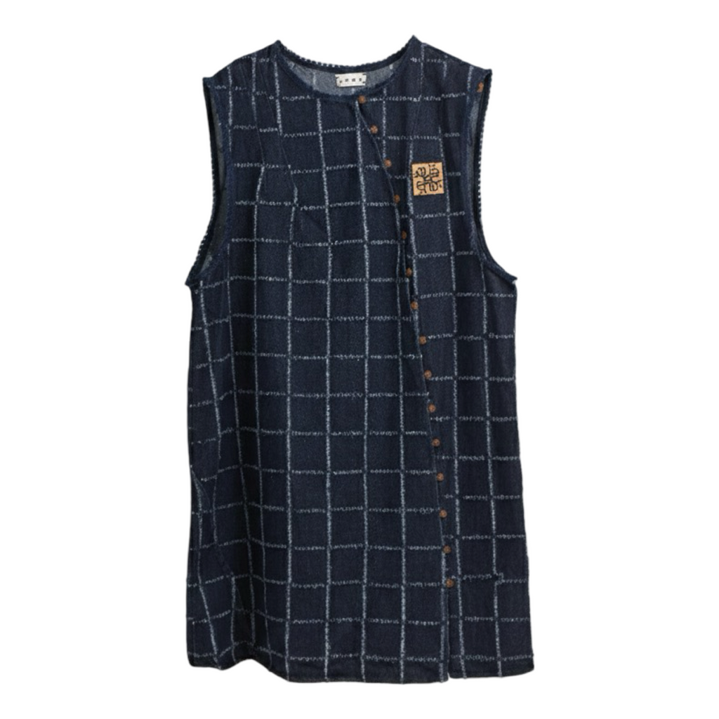 Asymmetric Check Denim Mini Dress – Navy