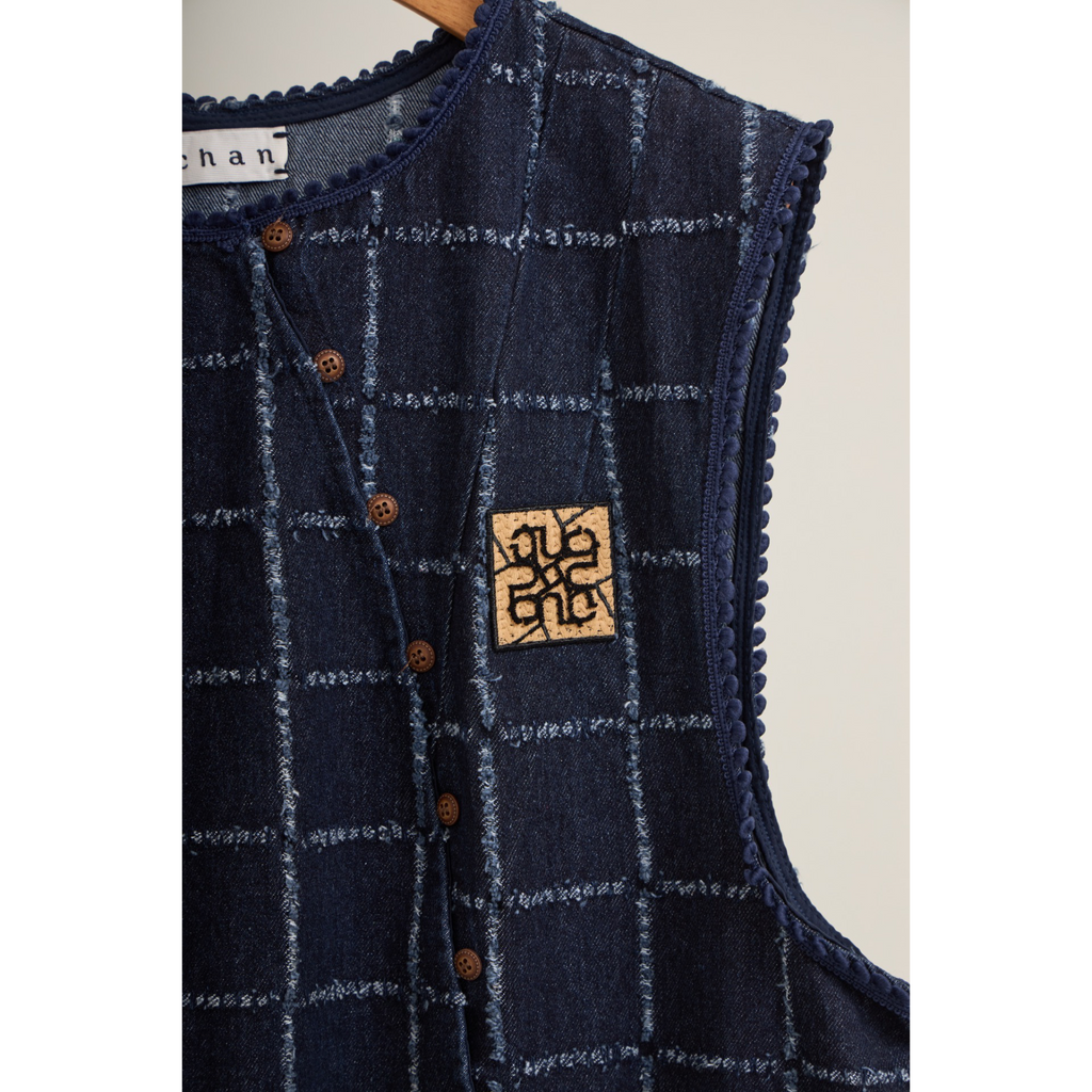 Asymmetric Check Denim Mini Dress – Navy