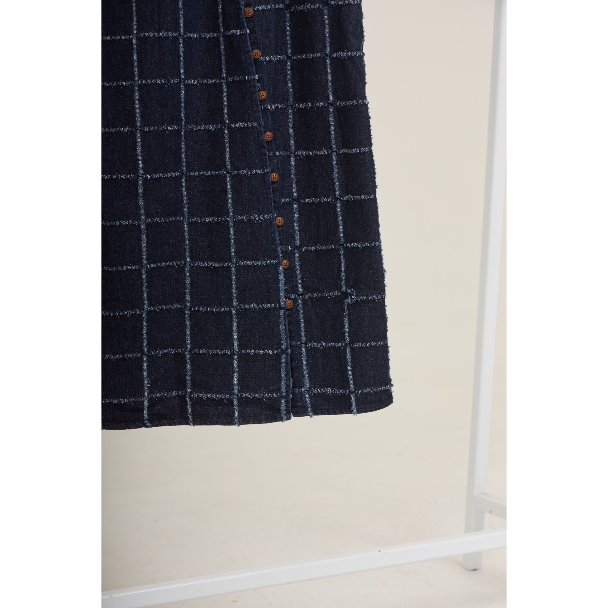 Asymmetric Check Denim Mini Dress – Navy