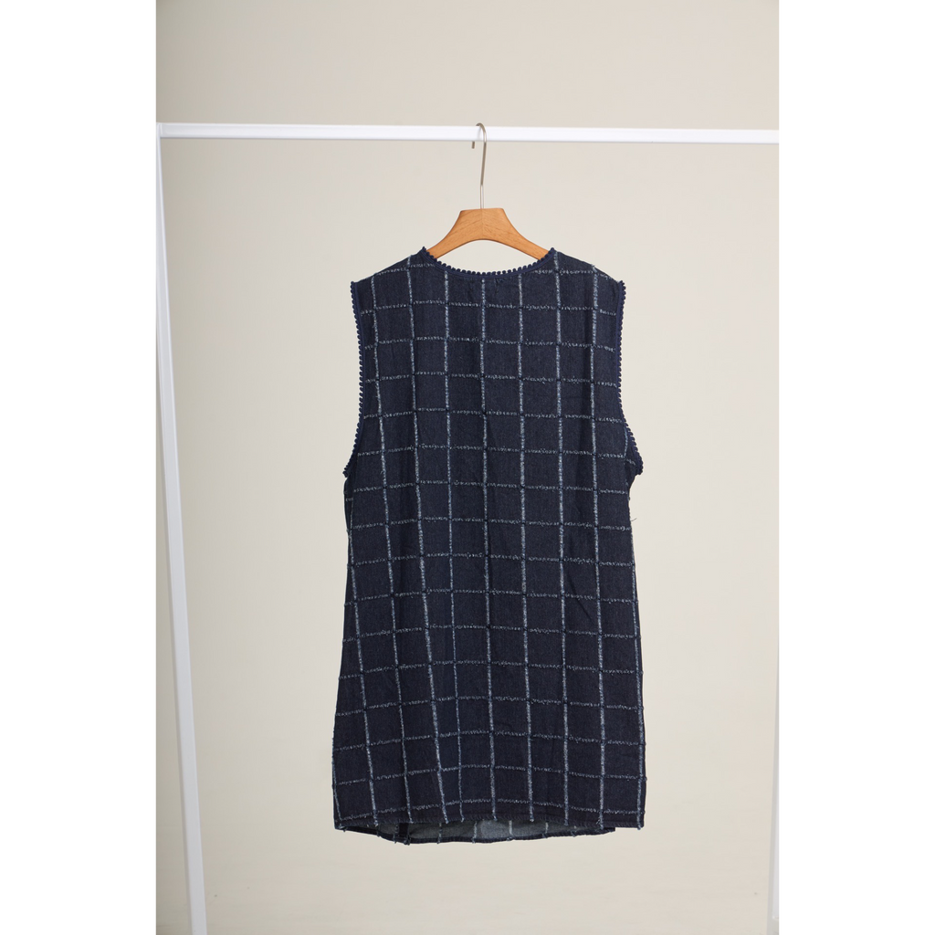 Asymmetric Check Denim Mini Dress – Navy