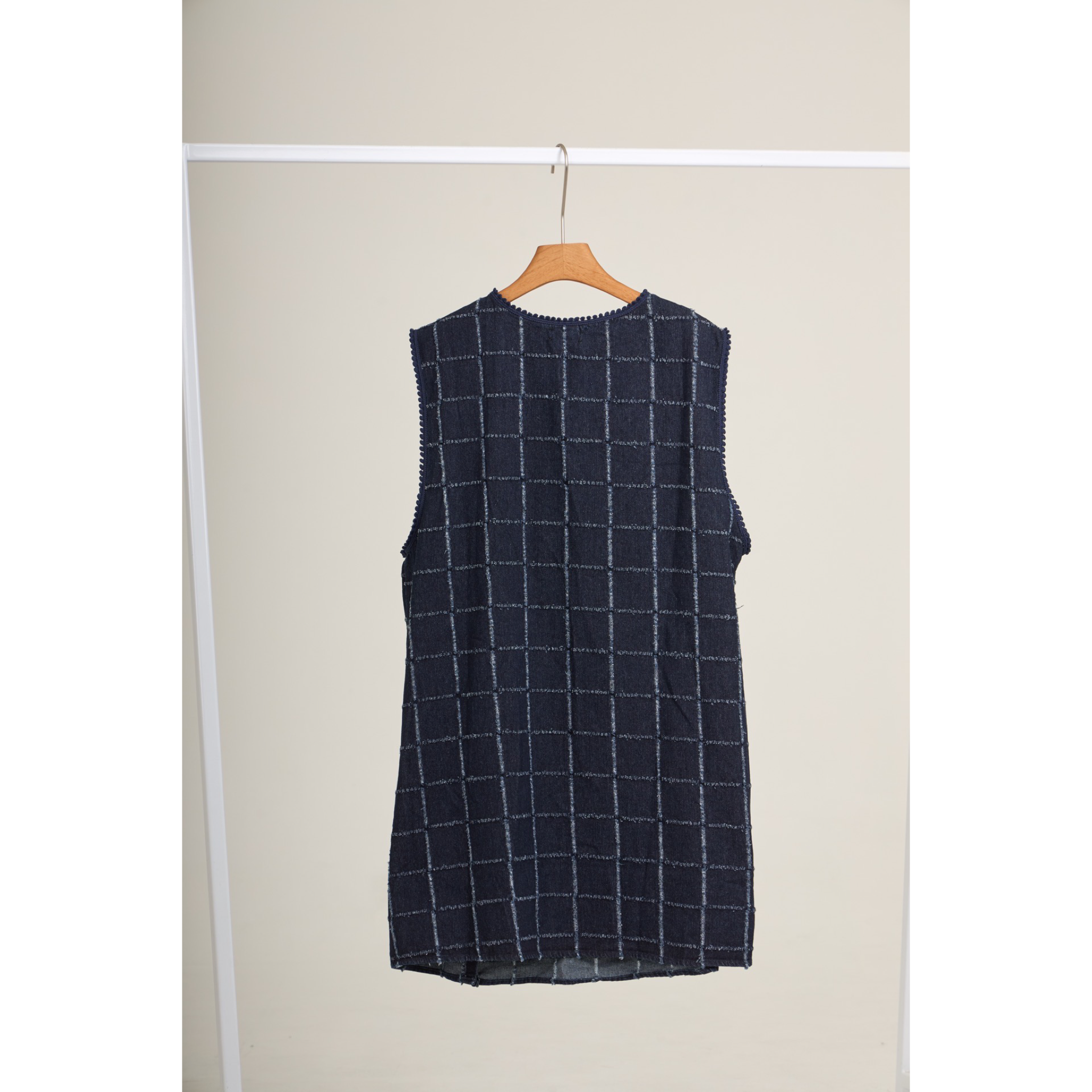 Asymmetric Check Denim Mini Dress – Navy