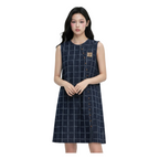 Asymmetric Check Denim Mini Dress – Navy