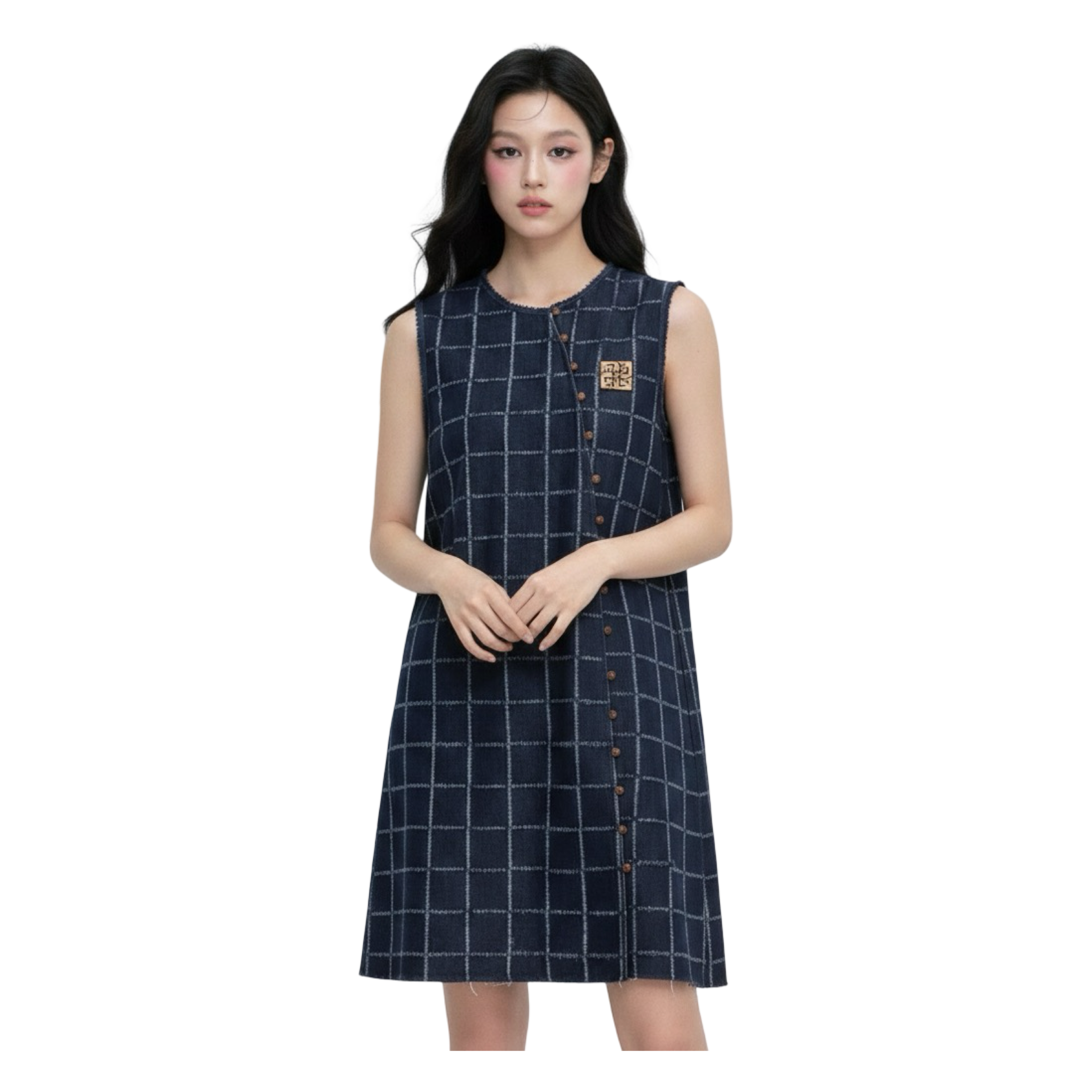 Asymmetric Check Denim Mini Dress – Navy