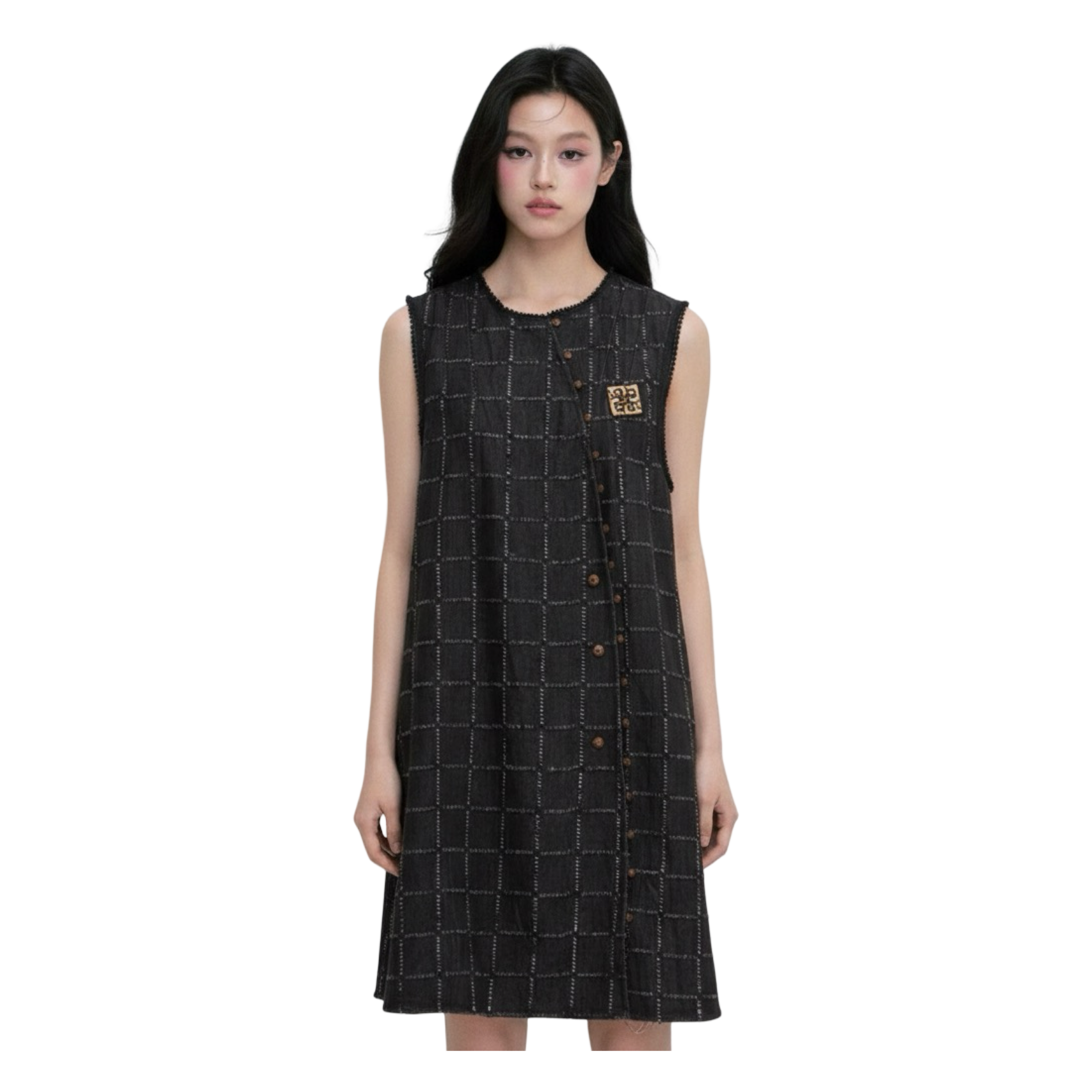 Asymmetric Check Denim Mini Dress – Black