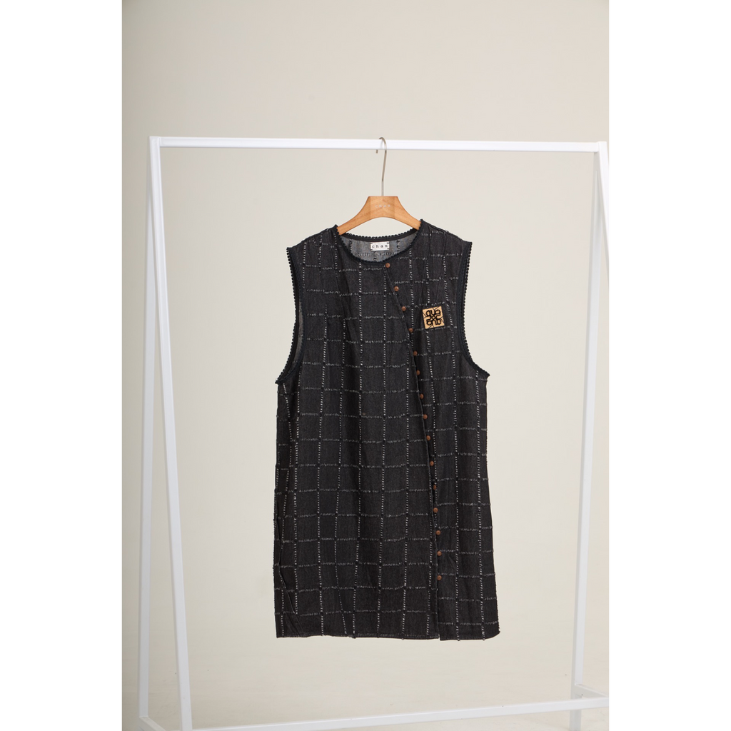 Asymmetric Check Denim Mini Dress – Black