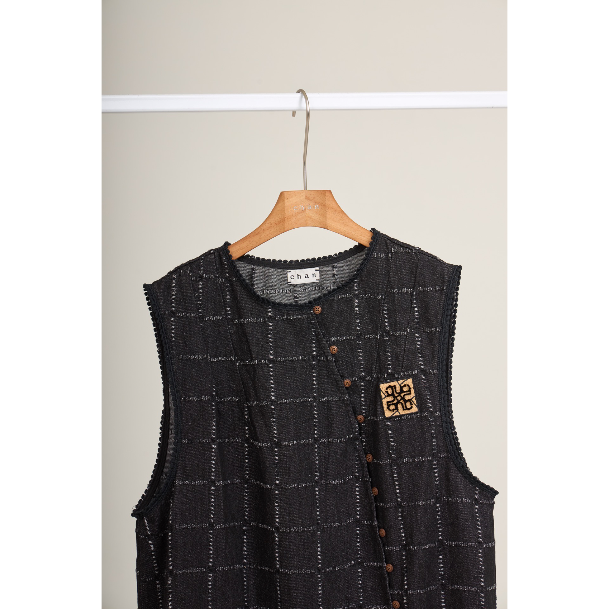 Asymmetric Check Denim Mini Dress – Black