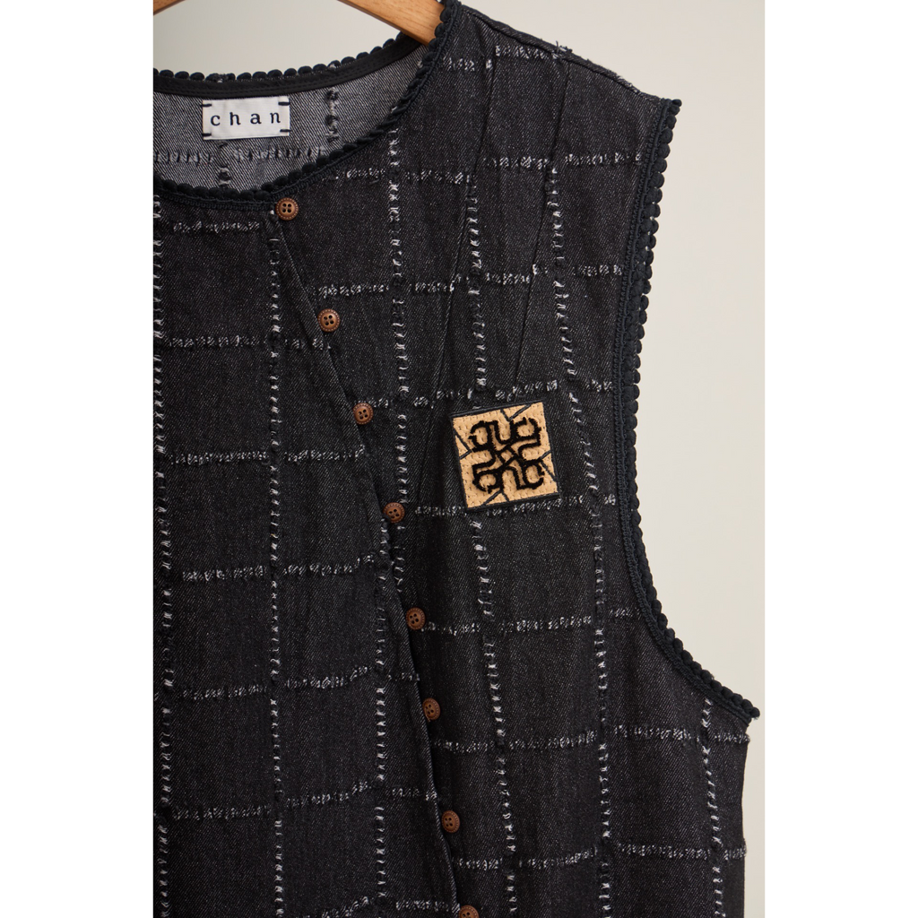 Asymmetric Check Denim Mini Dress – Black