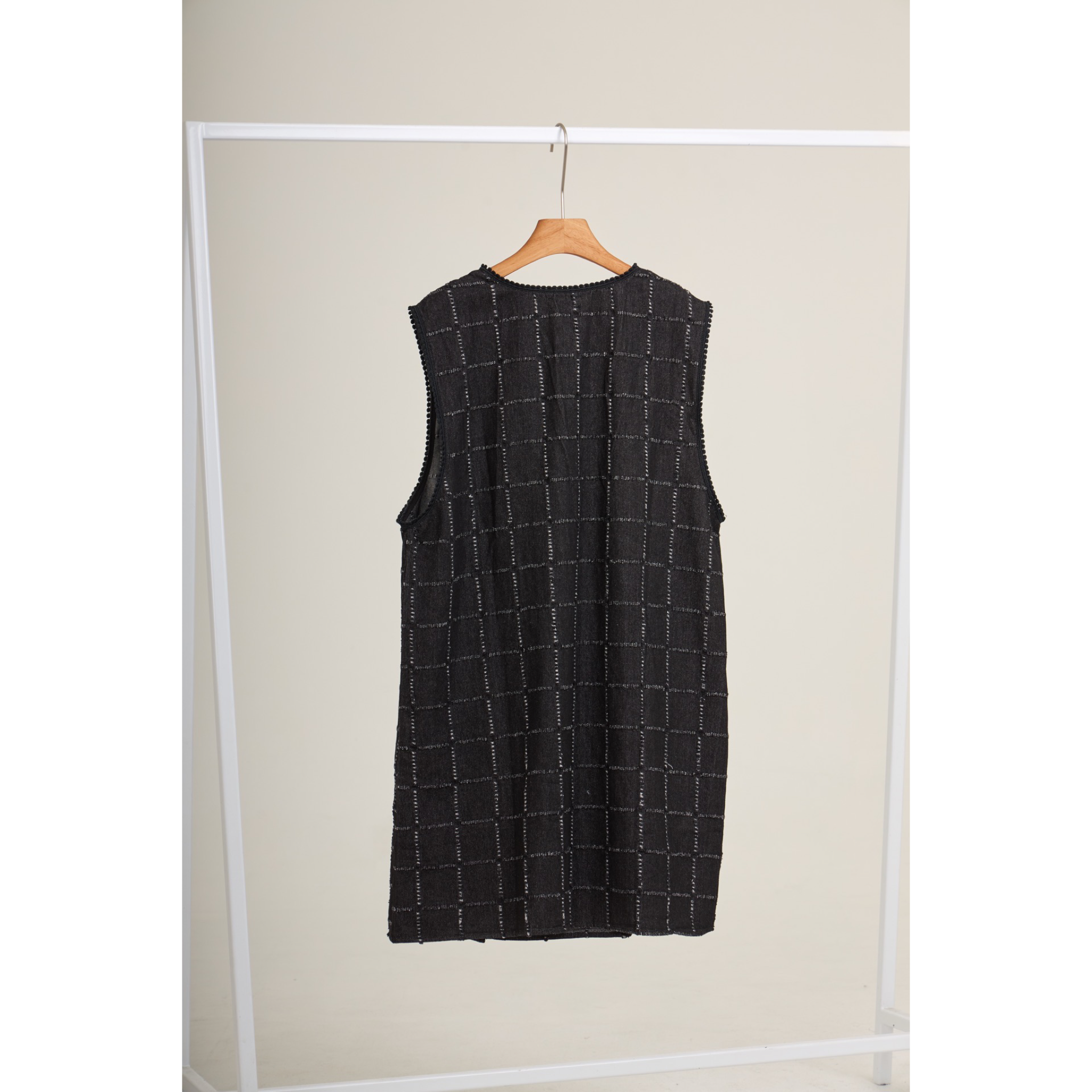 Asymmetric Check Denim Mini Dress – Black