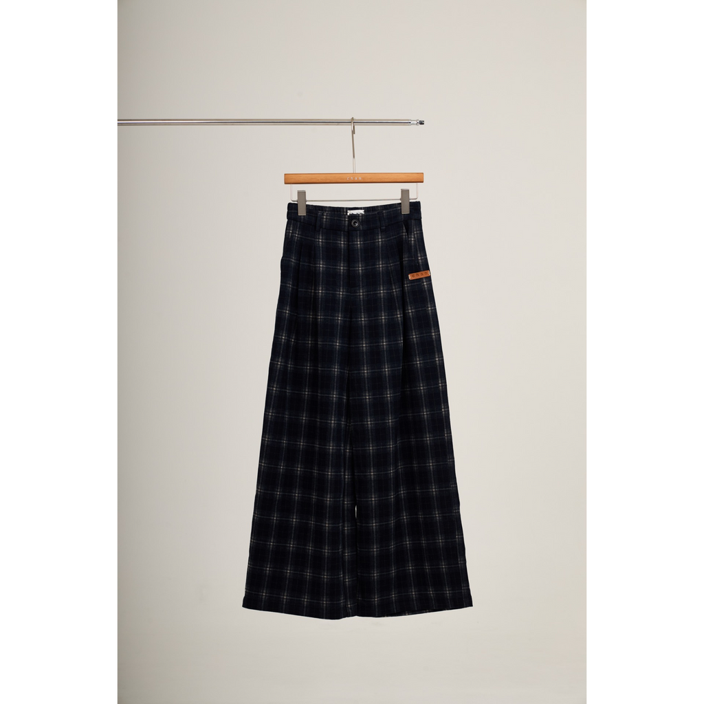 Checked Wide-Leg Pants – Navy