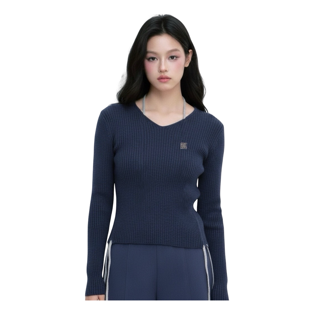 Drawstring Knit Top – Navy